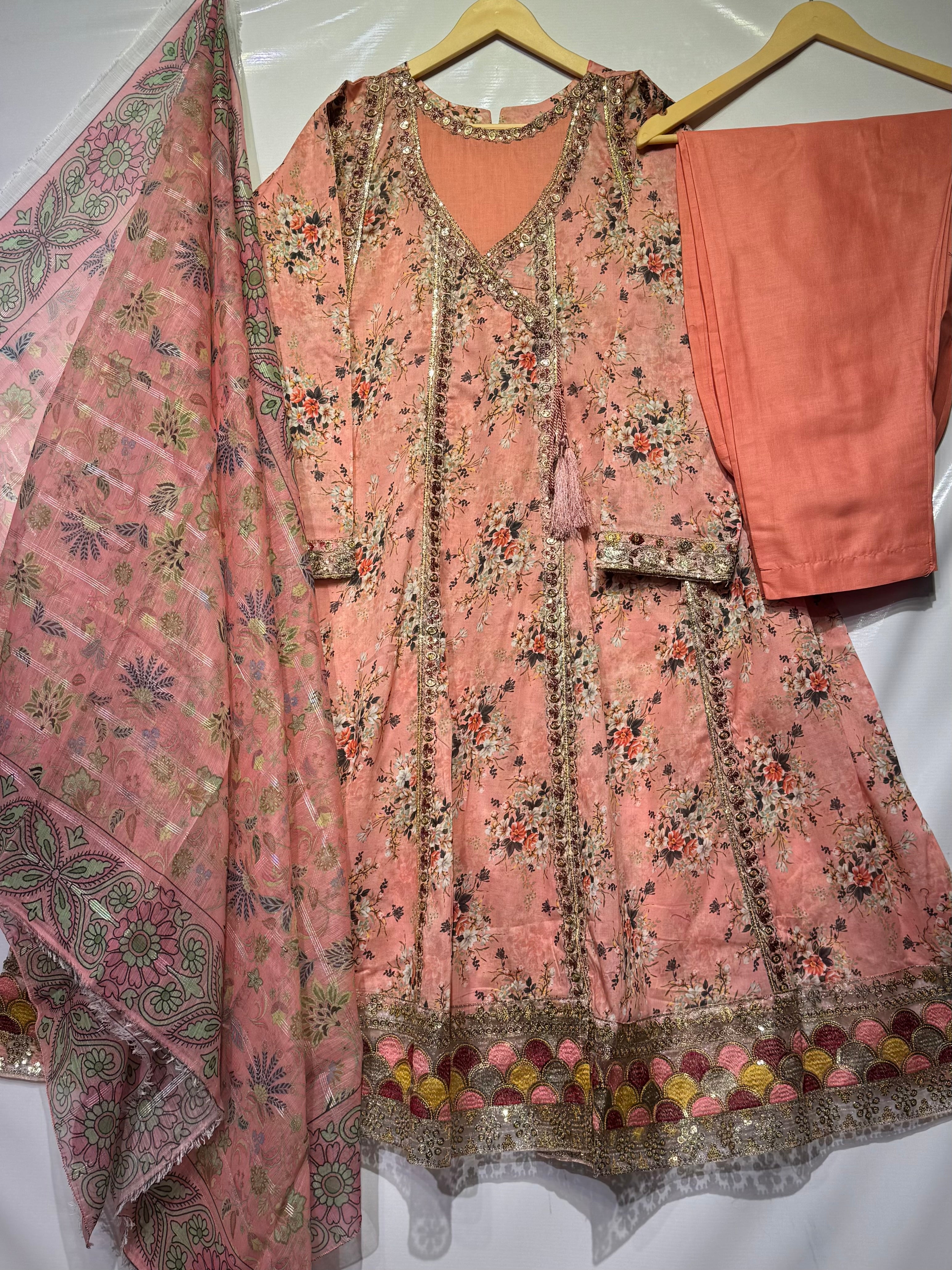 Pure Lawn floral printed angrakha style frock with sequential thread embroidery🧵all over, Soft printed khadi dupatta & lawn trouser 3 pcs 👗