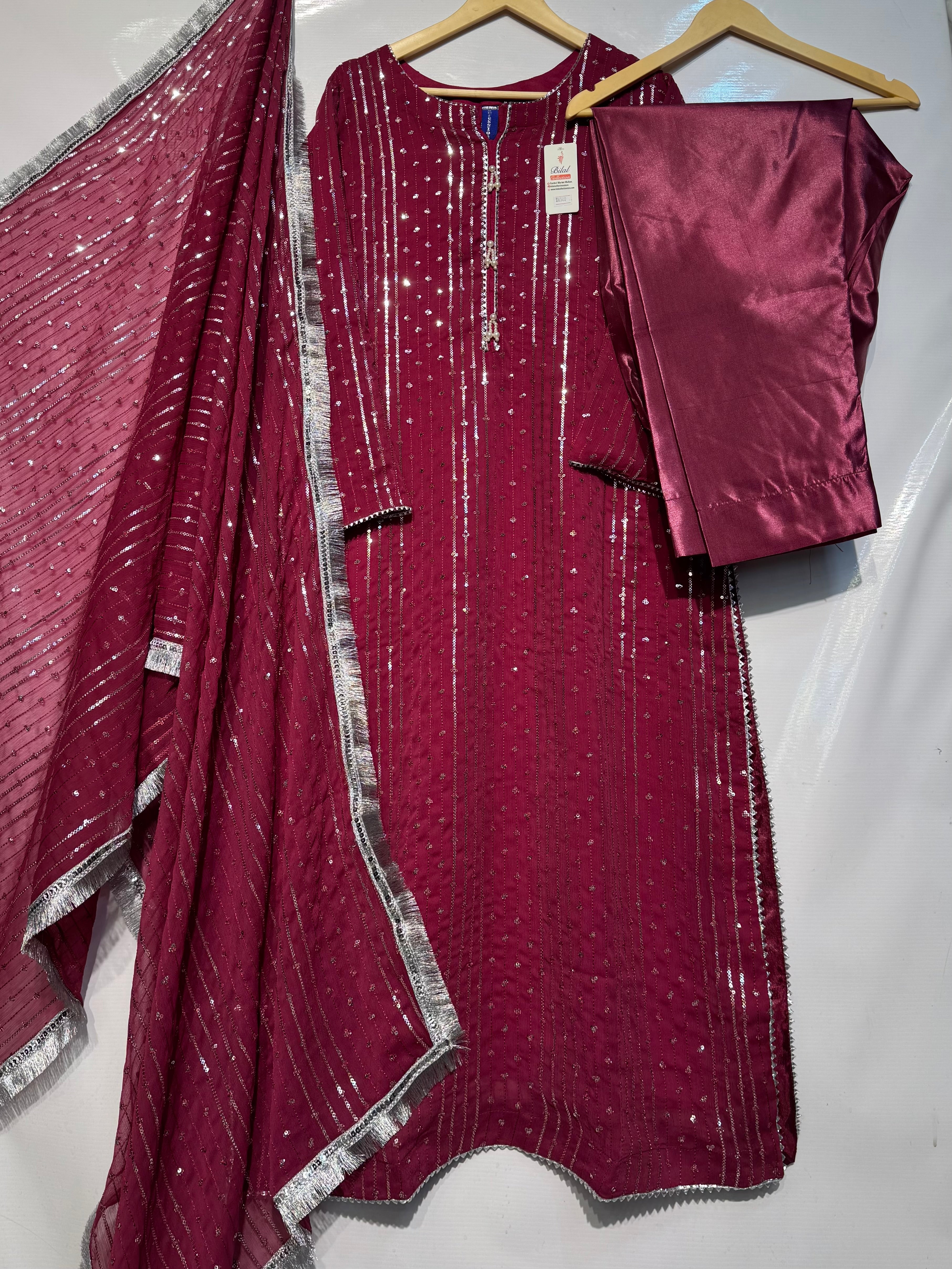 Pure Chiffon beautiful & Elegant sequence with thread embroidered🪡3 pcs dress 👗