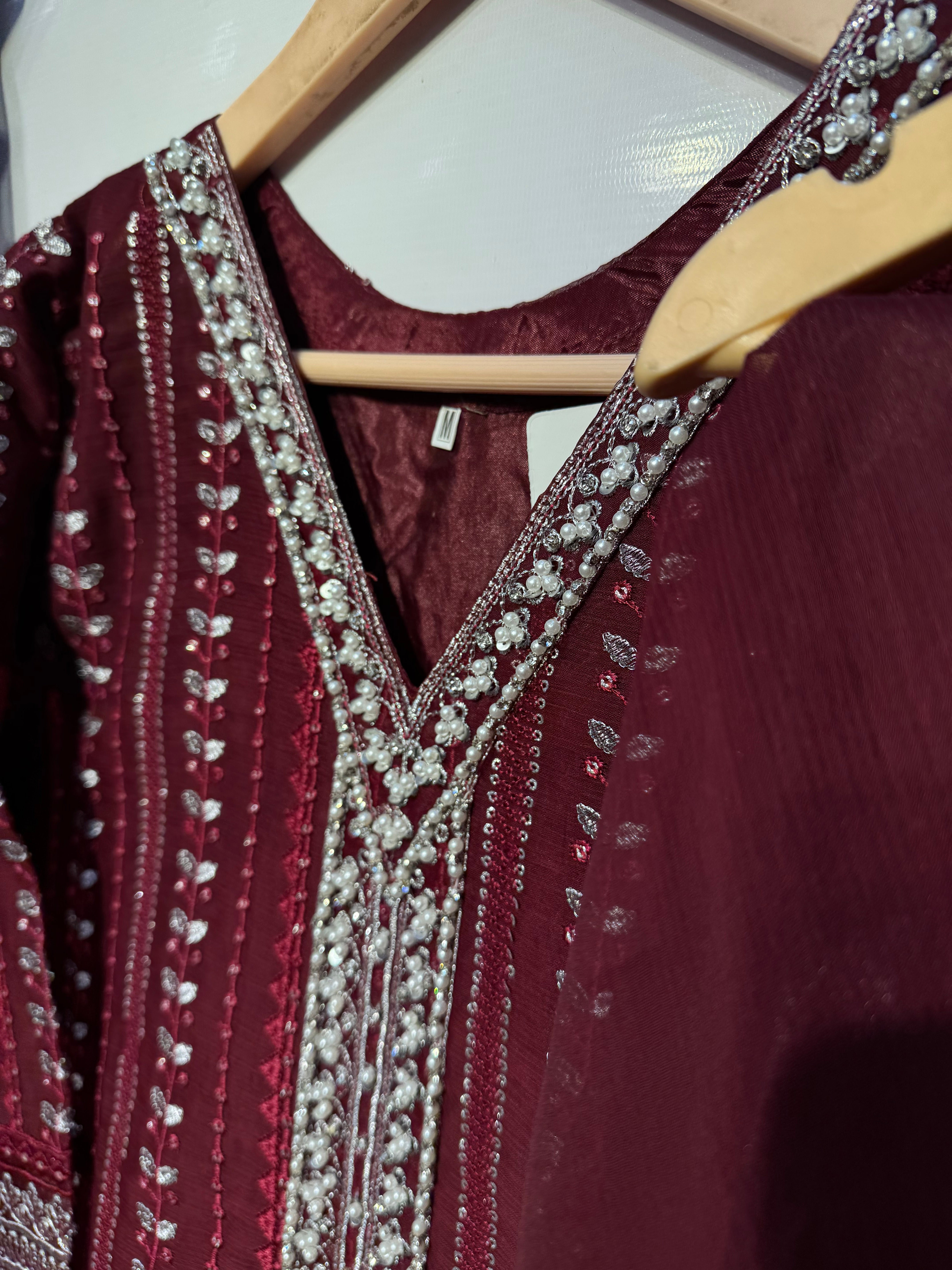 Heavy embroidered🧵chiffon long shirt with heavy flaired bell bottom plaso & dupatta 👗