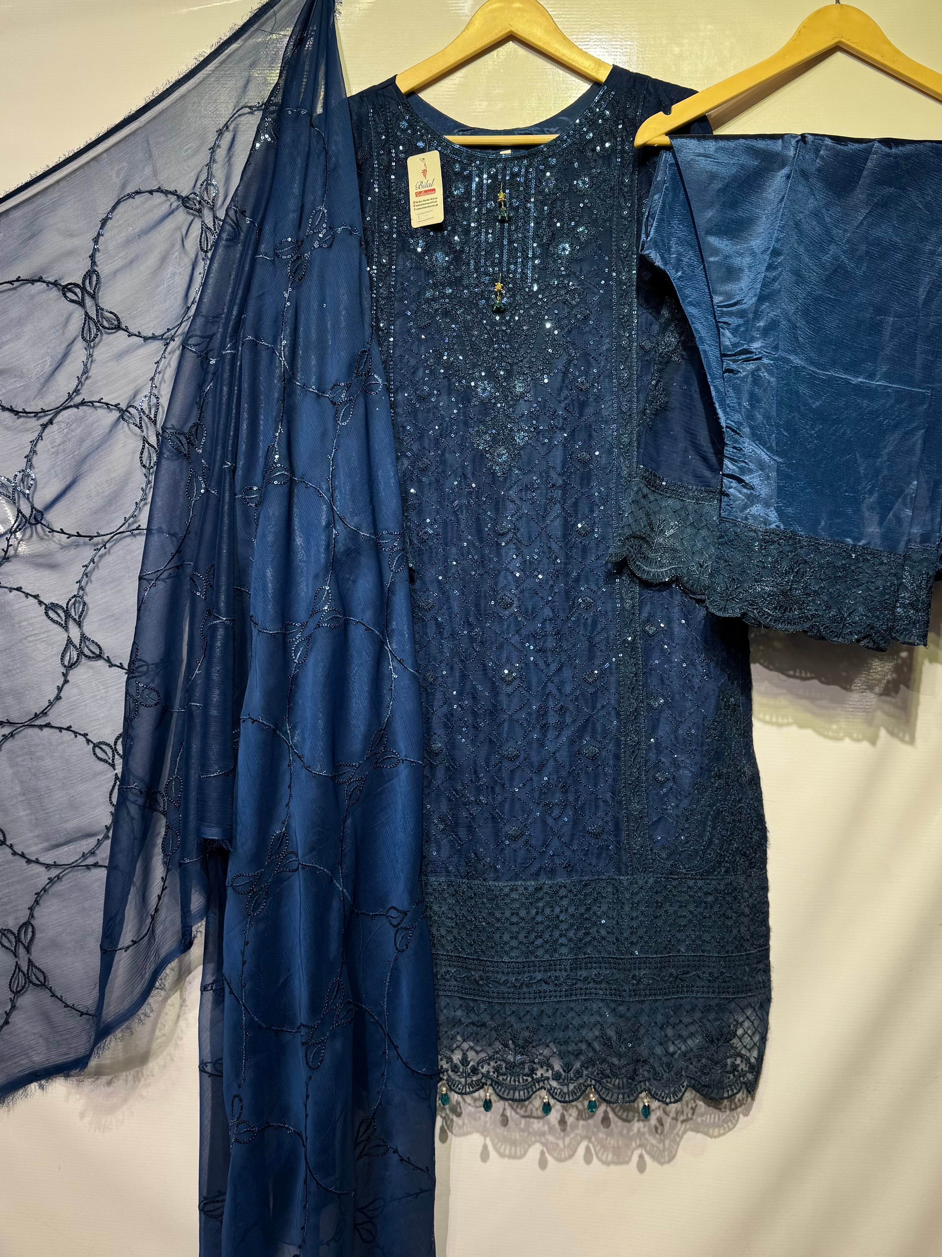 Soft chiffon fully dhaga with sequential embroidered🧵shirt & dupatta along with katan silk trouser 👗