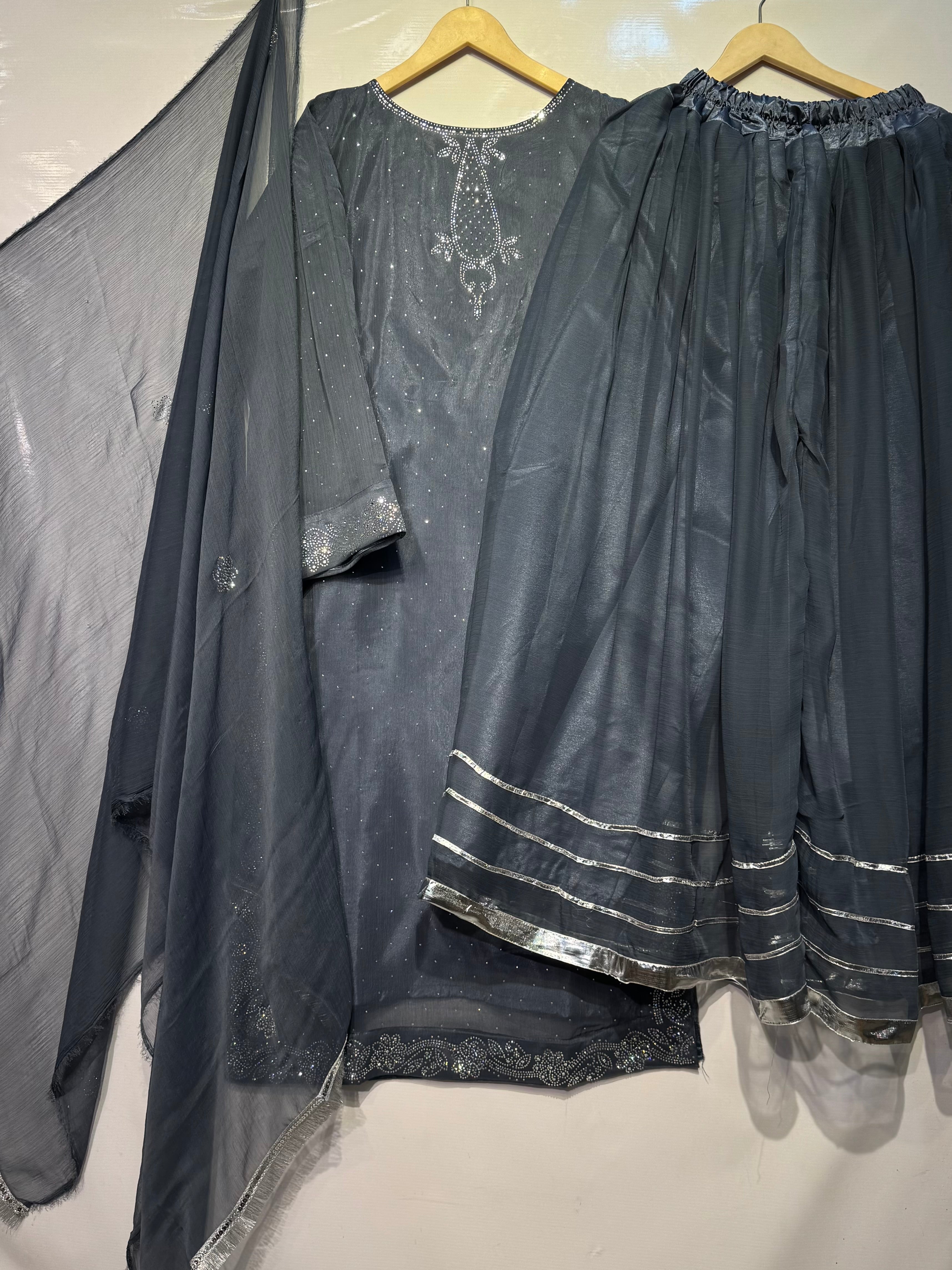 Stone mukesh work🧵long chiffon shirt & dupatta with massive flaired peplum gharara ✨