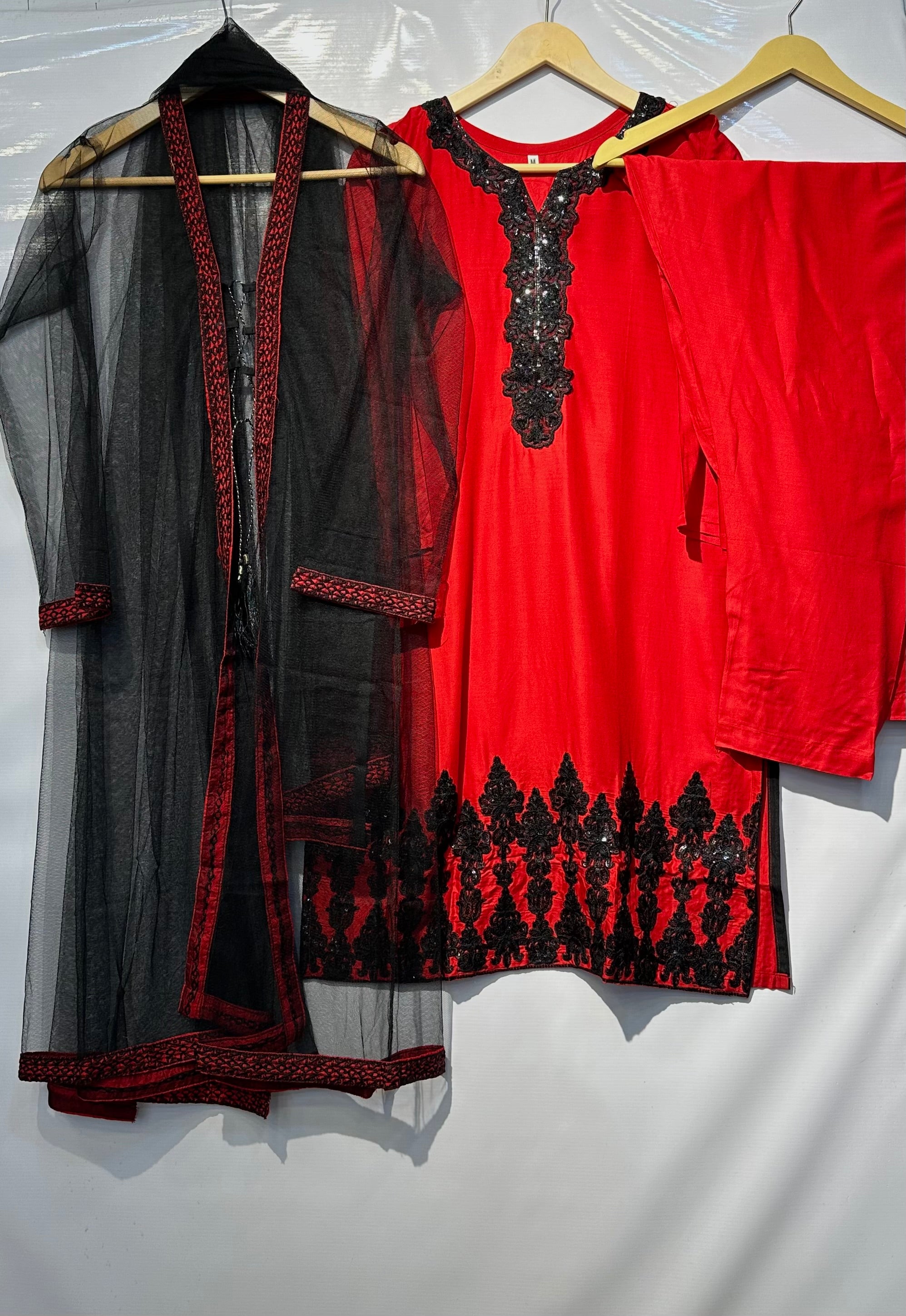 🔥Black sequential shadow embroidered shirt🧵along with gown Dupatta & trouser 4 pcs🔥