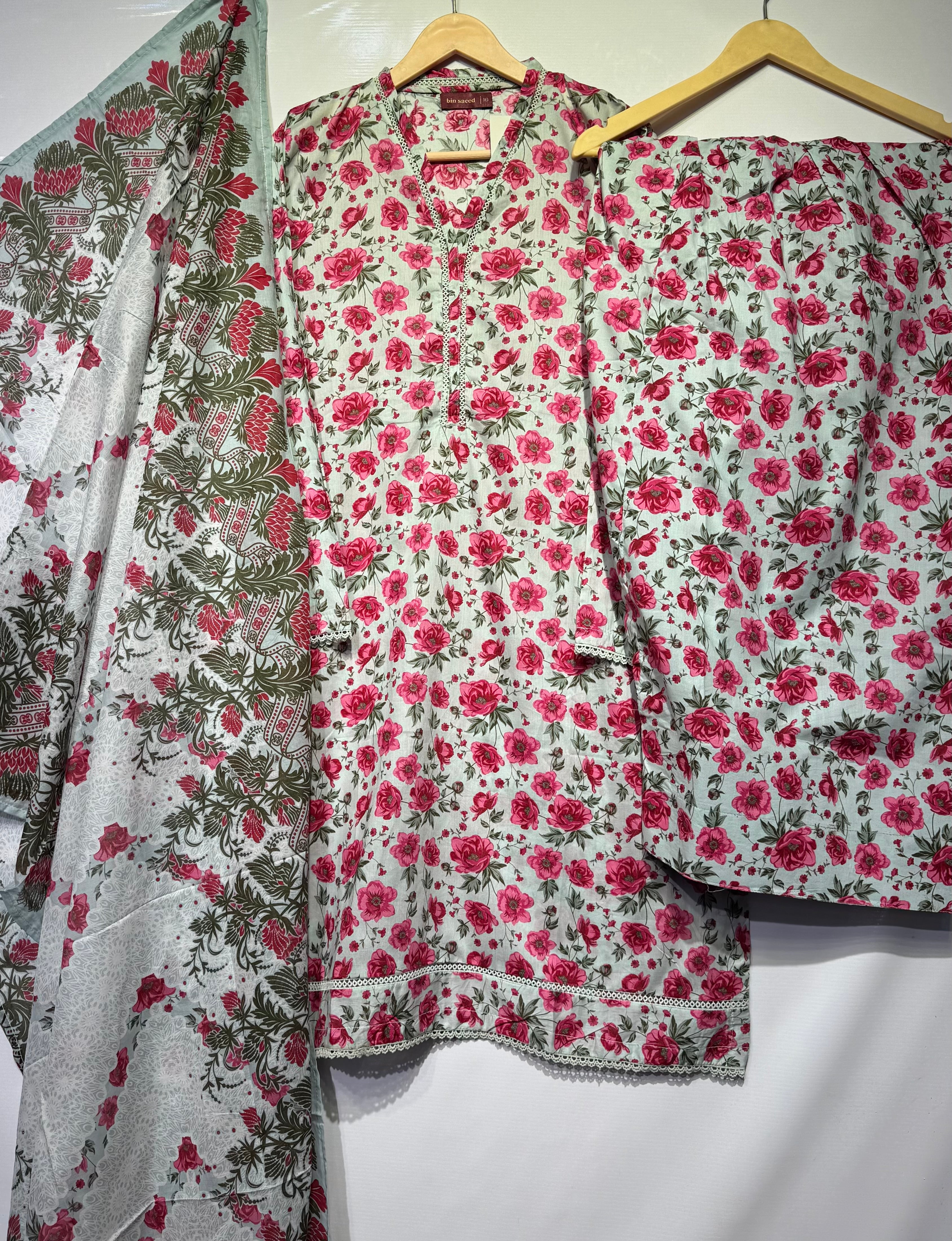 Bin Saeed Pure Lawn soft digital printed shirt, pure Lawn farshi shalwar & printed Lawn dupatta 👗