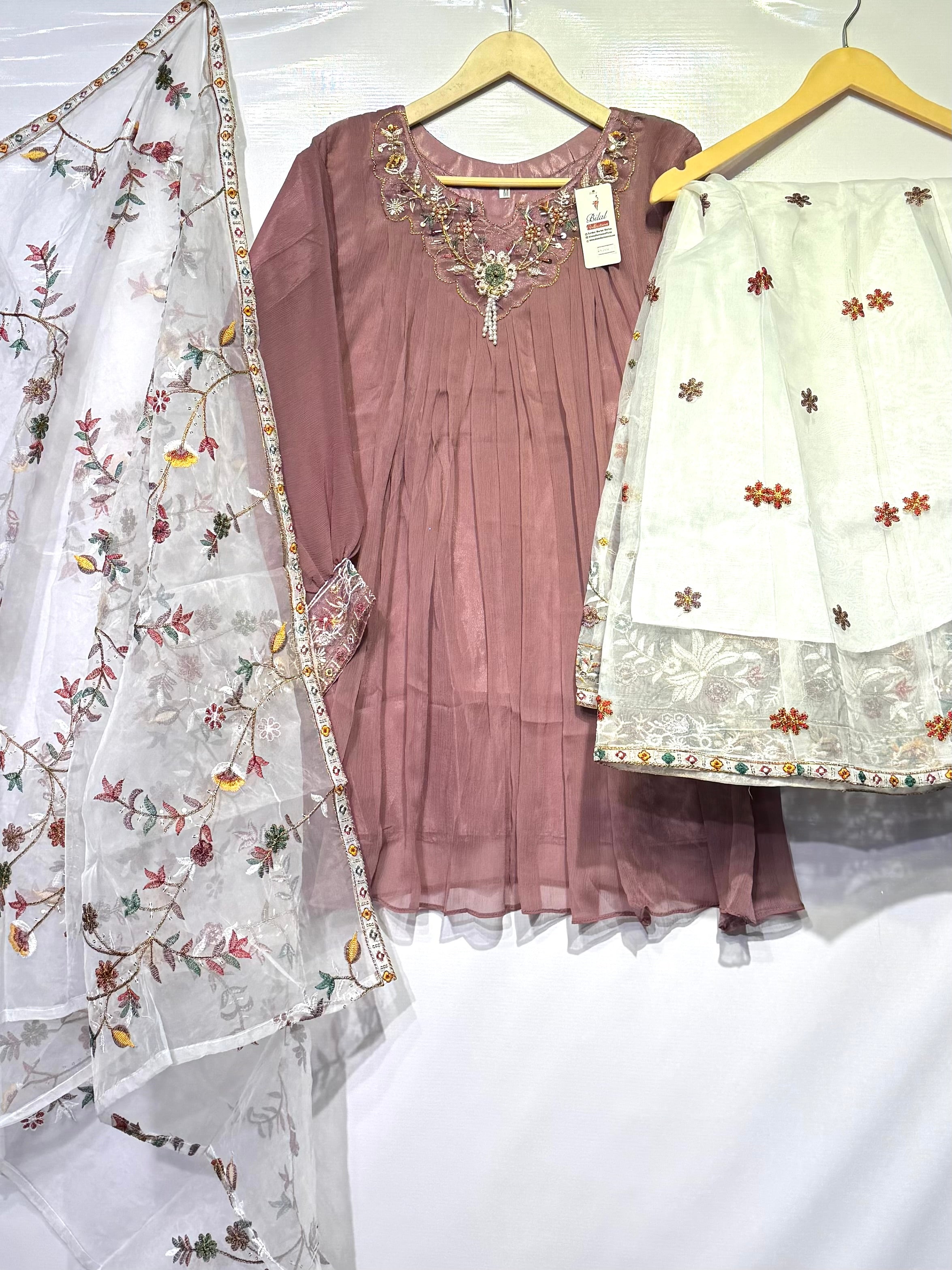 Crinkle chiffon hand embellished🧵short frock with gharara & dupatta 3 pcs 👗