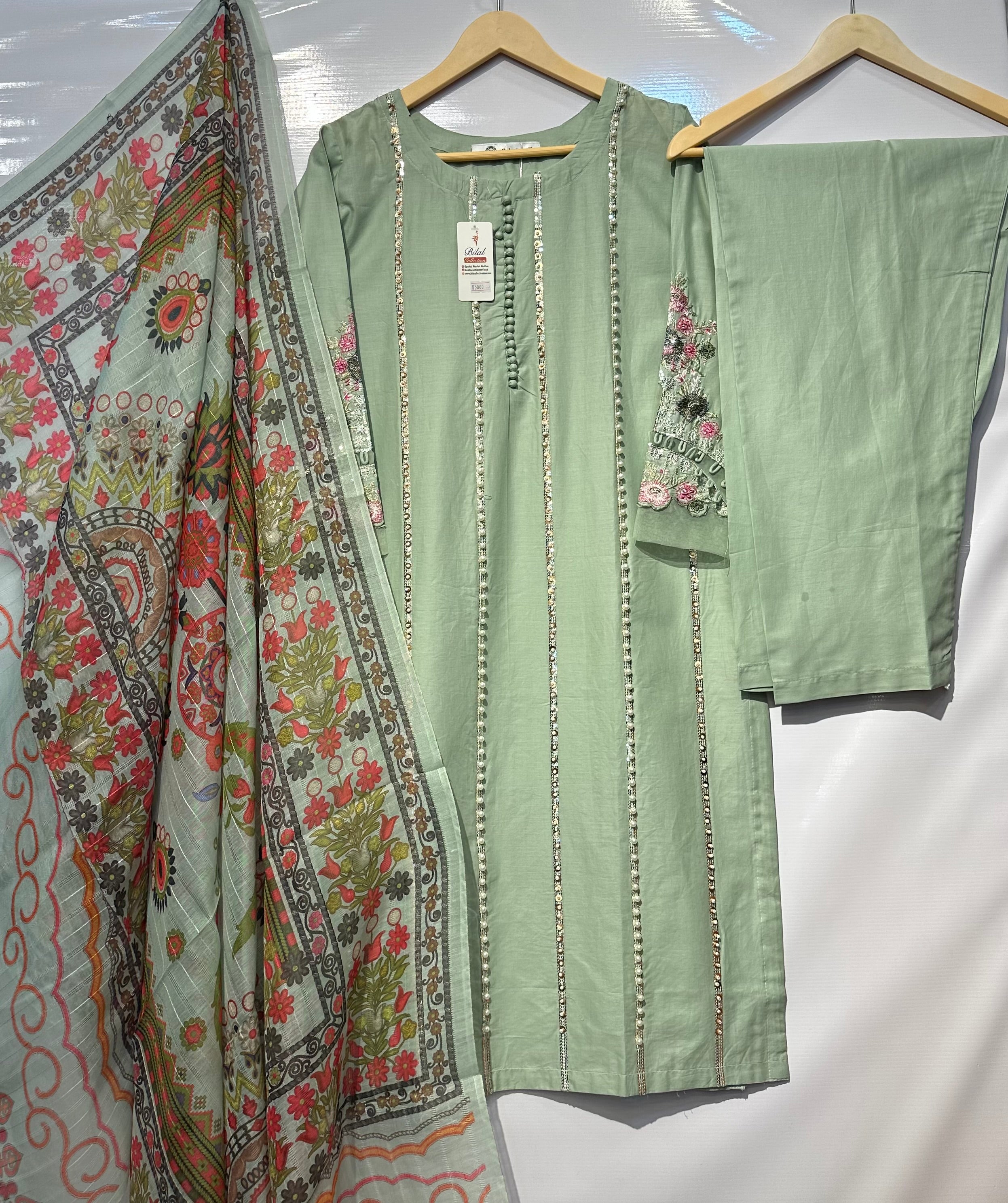 Soft Lawn with pearl+sequential embellished long shirt with trouser & dupatta 👗