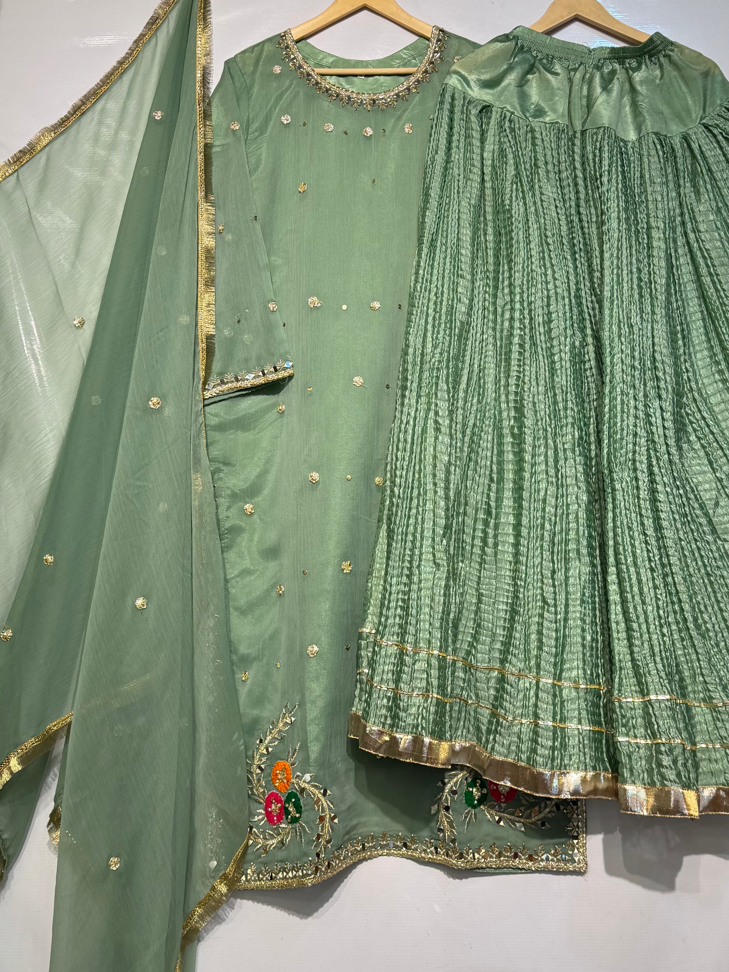 Handmade gotta with sheesha work fully handmade embroidered🧵crush sharara 3 pcs dress ✨