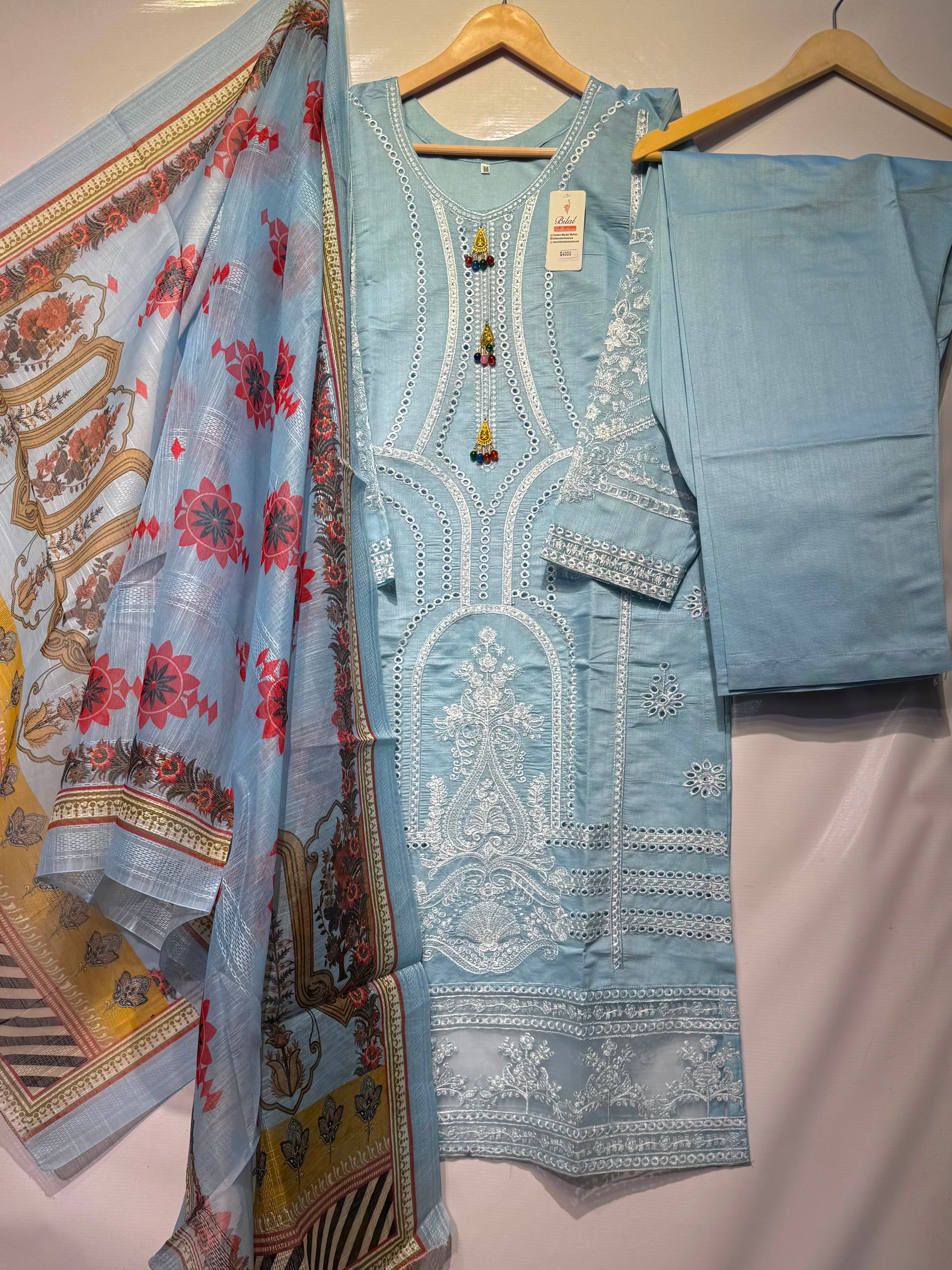 Schiffli chikankari embroidered🪡long shirt & trouser along with swiss monar printed dupatta 👗