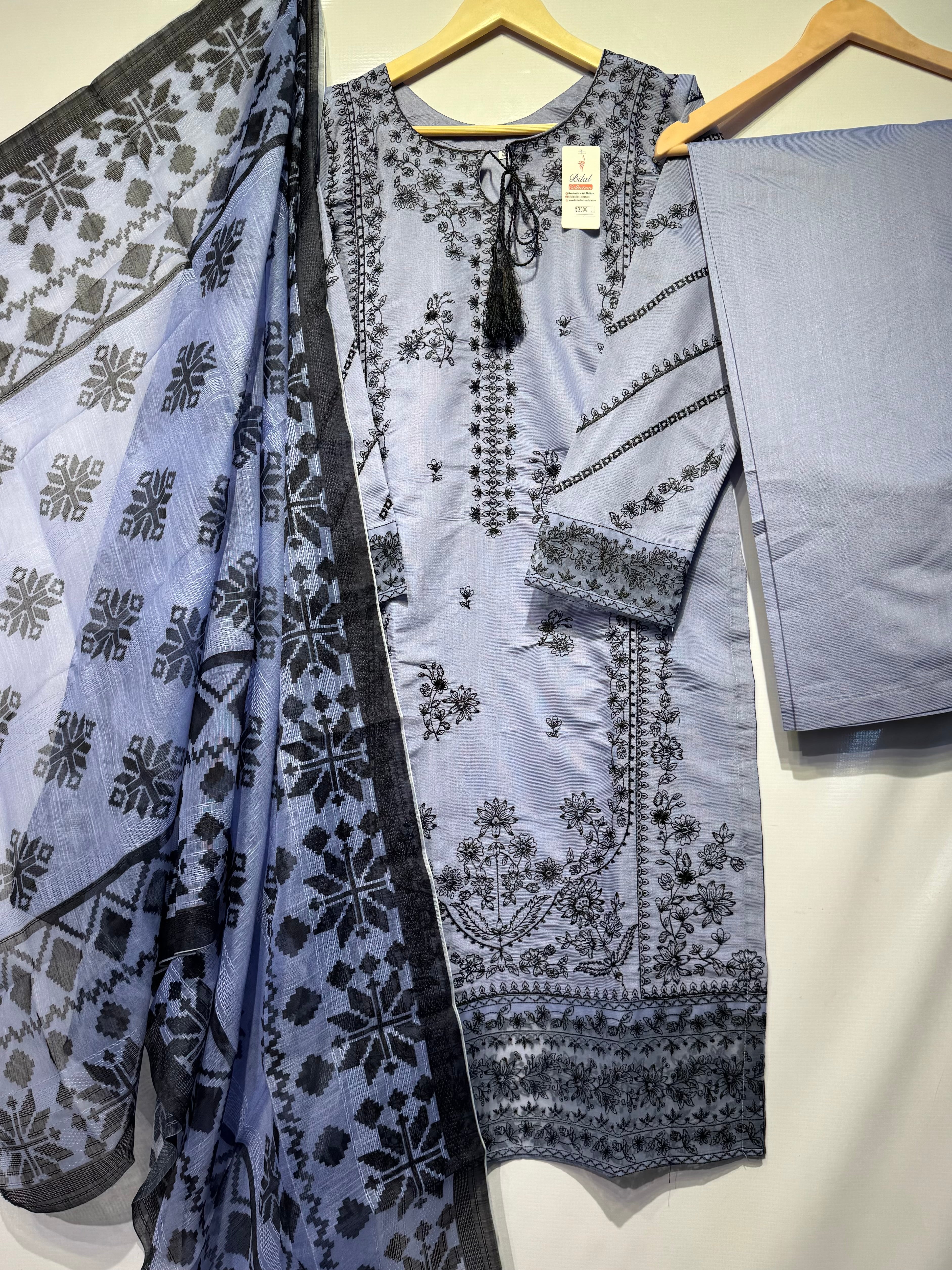 Soft khadi contrast thread embroidered🧵long shirt with monar printed dupatta & khadi trouser 👗