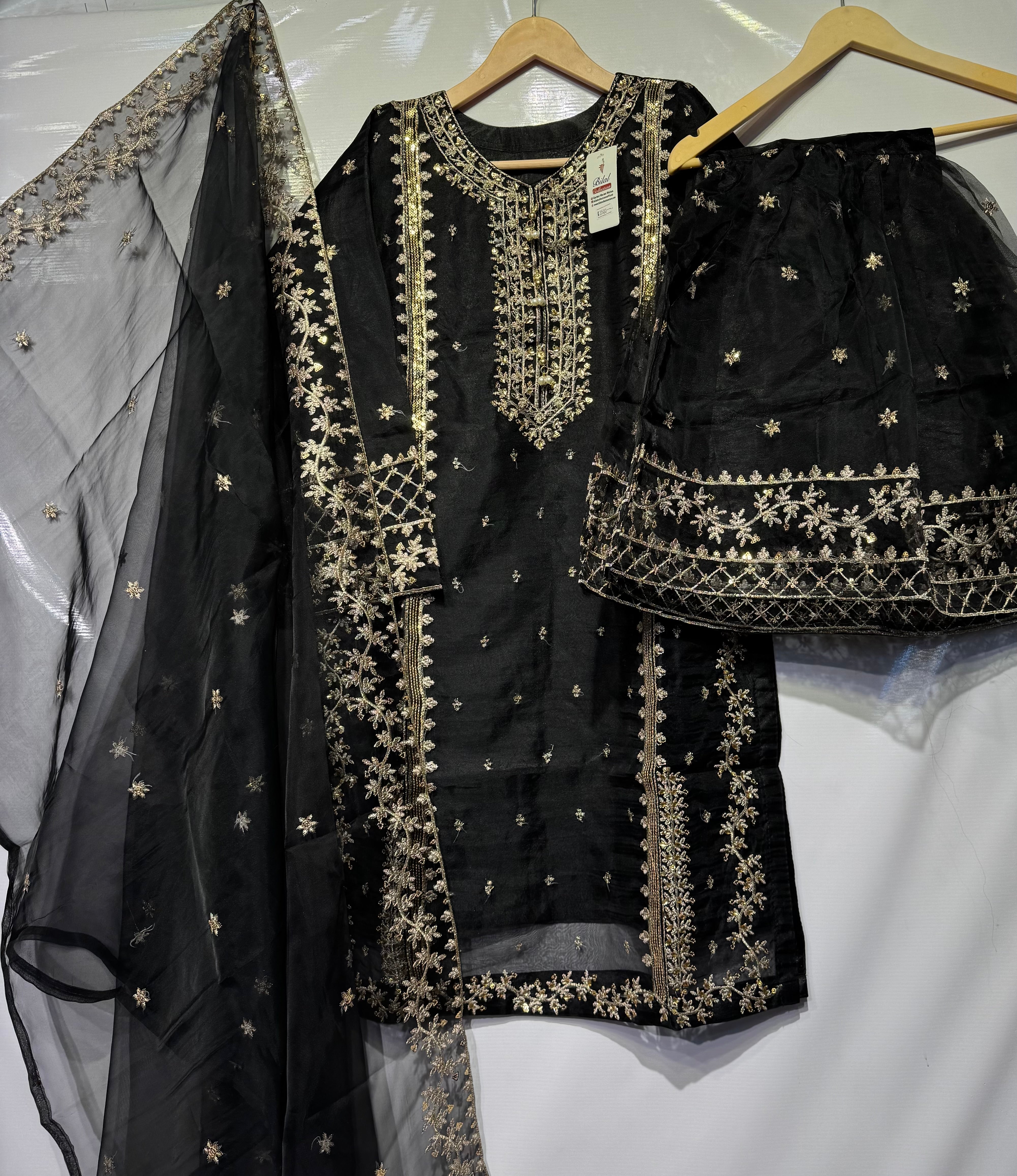 Most demanded golden sitara with beats and tilla embroidered🧵3 pcs dress with embroidered sharara 👗