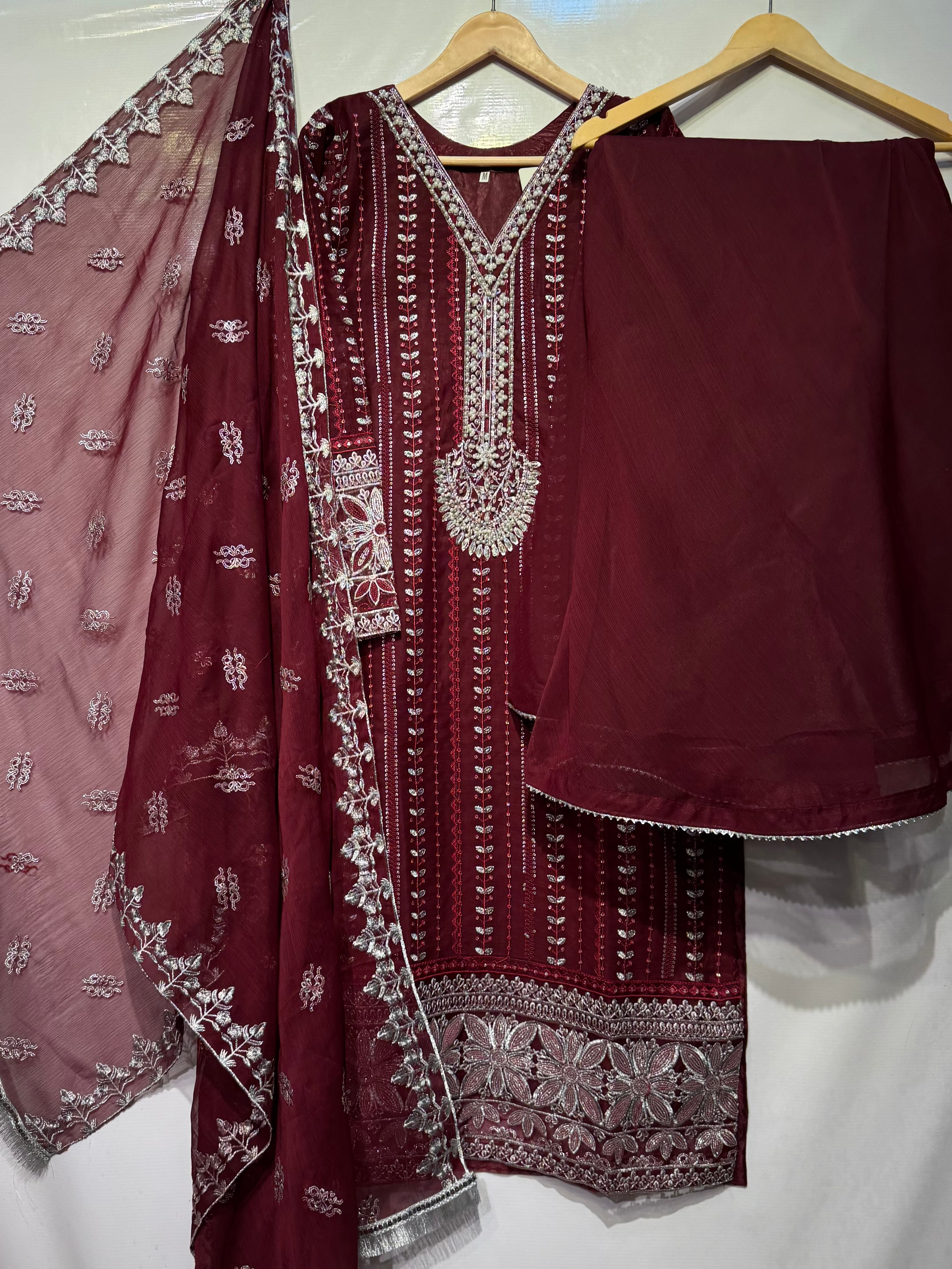 Heavy embroidered🧵chiffon long shirt with heavy flaired bell bottom plaso & dupatta 👗