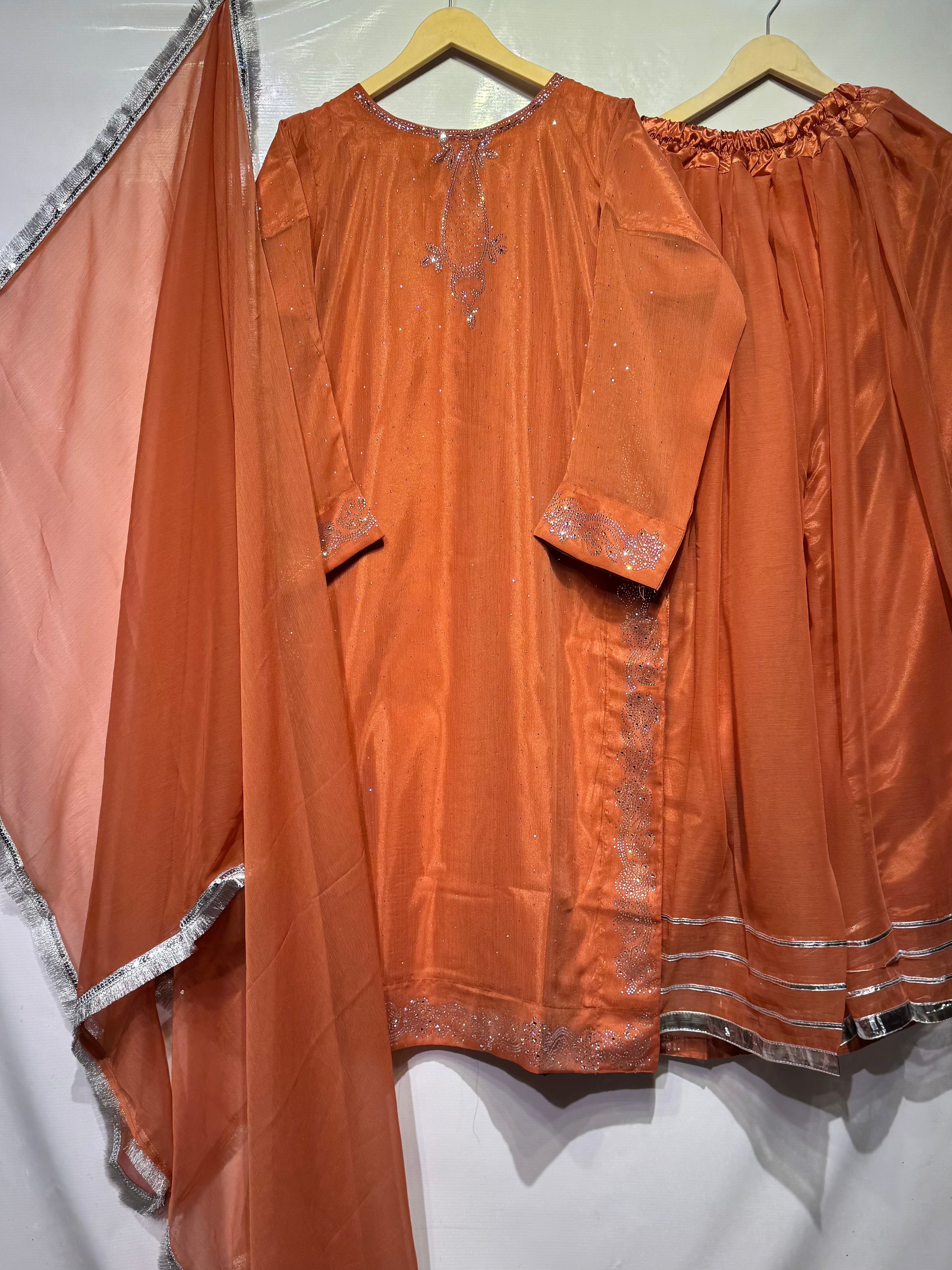 Stone mukesh work🧵long chiffon shirt & dupatta with massive flaired peplum gharara ✨