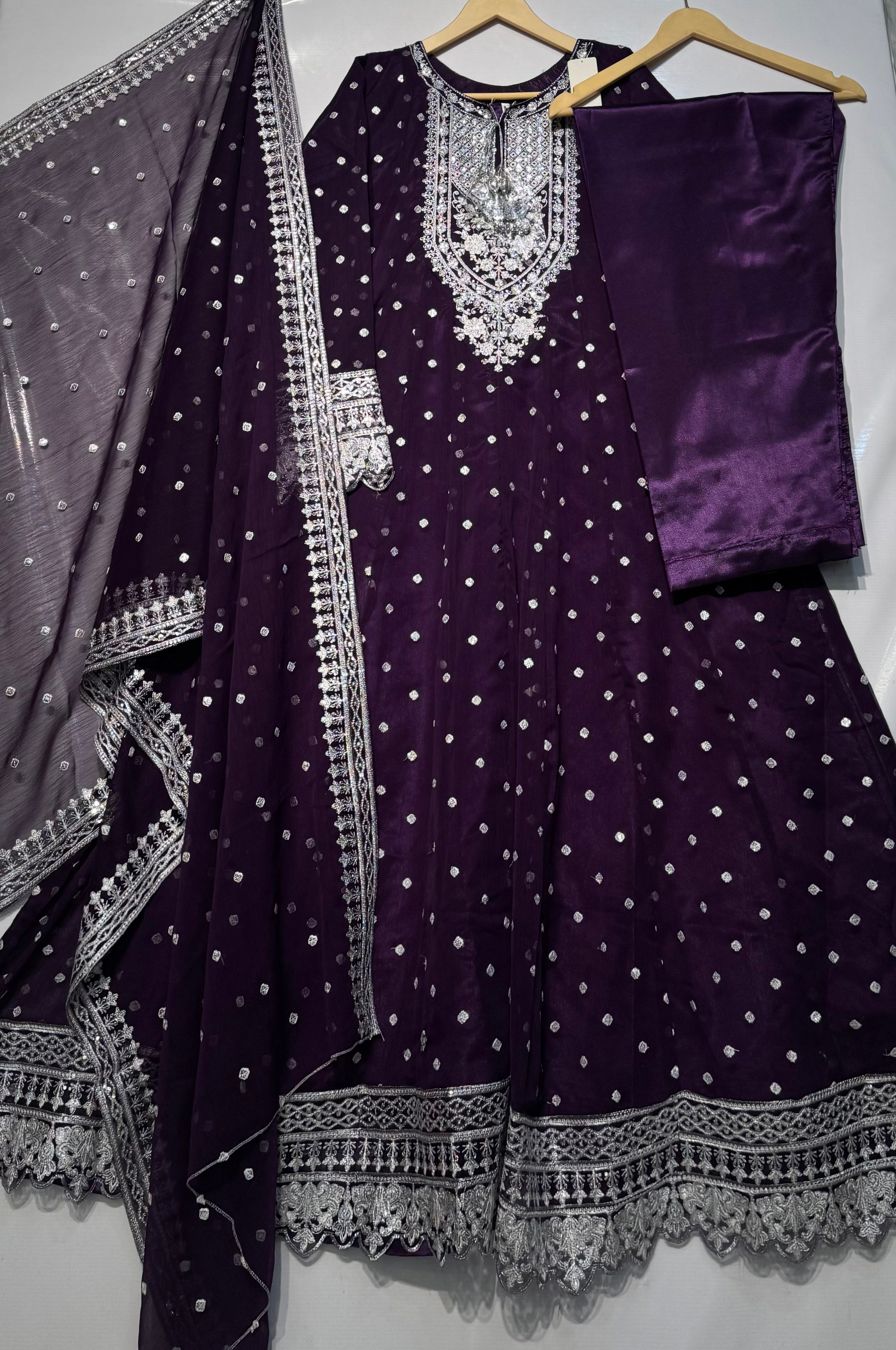 Silver sequence fully heavy embroidered🧵maxi along with heavy dupatta & trouser 👗