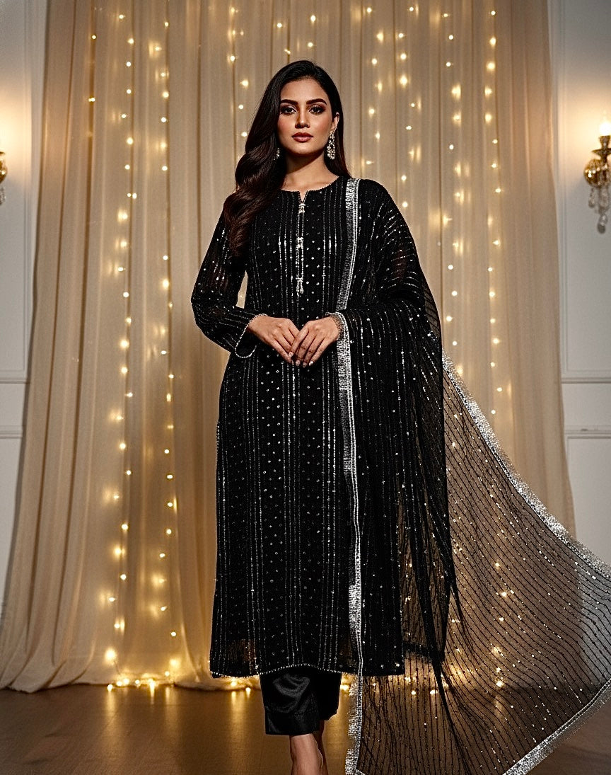 Pure Chiffon beautiful & Elegant sequence with thread embroidered🪡3 pcs dress 👗