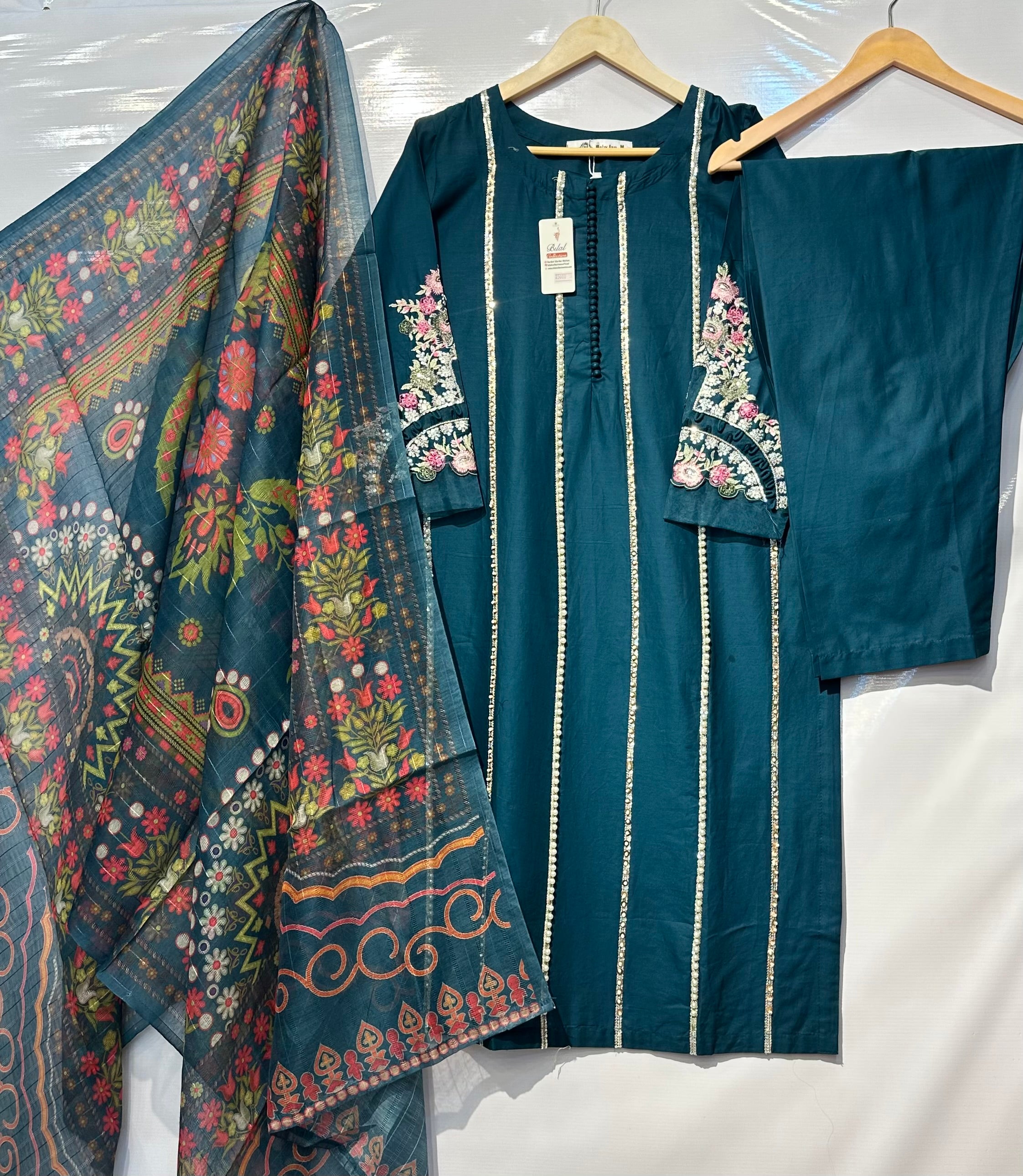Soft Lawn with pearl+sequential embellished long shirt with trouser & dupatta 👗