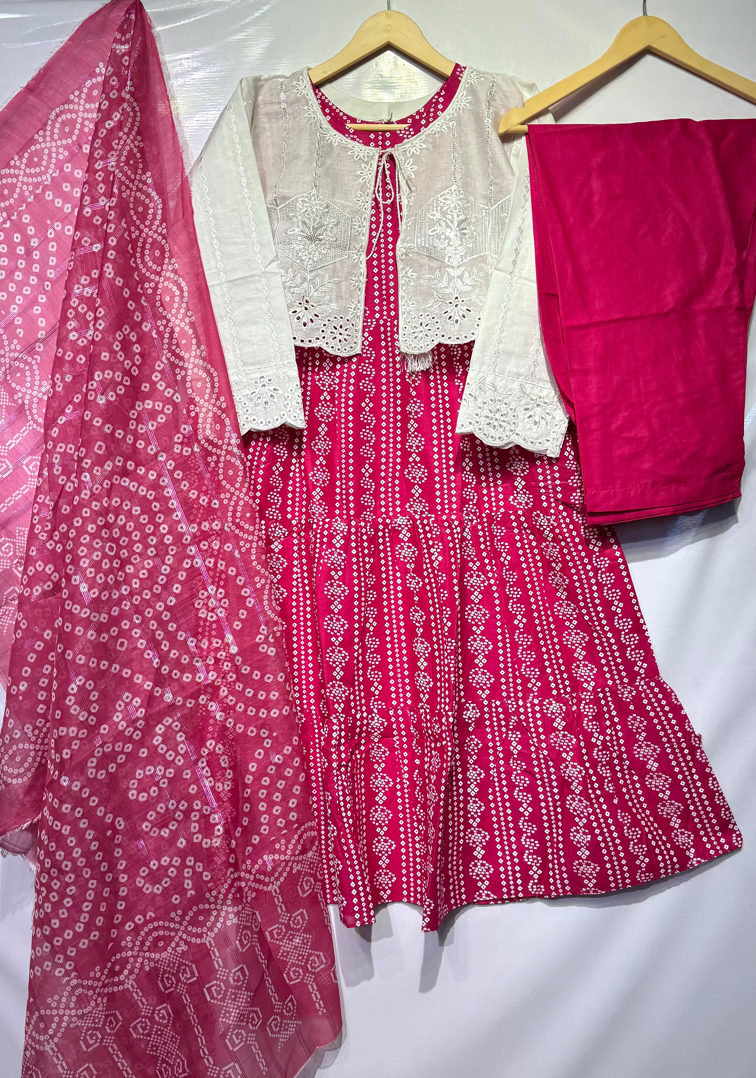 Chunri Printed Frock with thread+sequence+schiffli embroidered jacket 4 pcs 👗