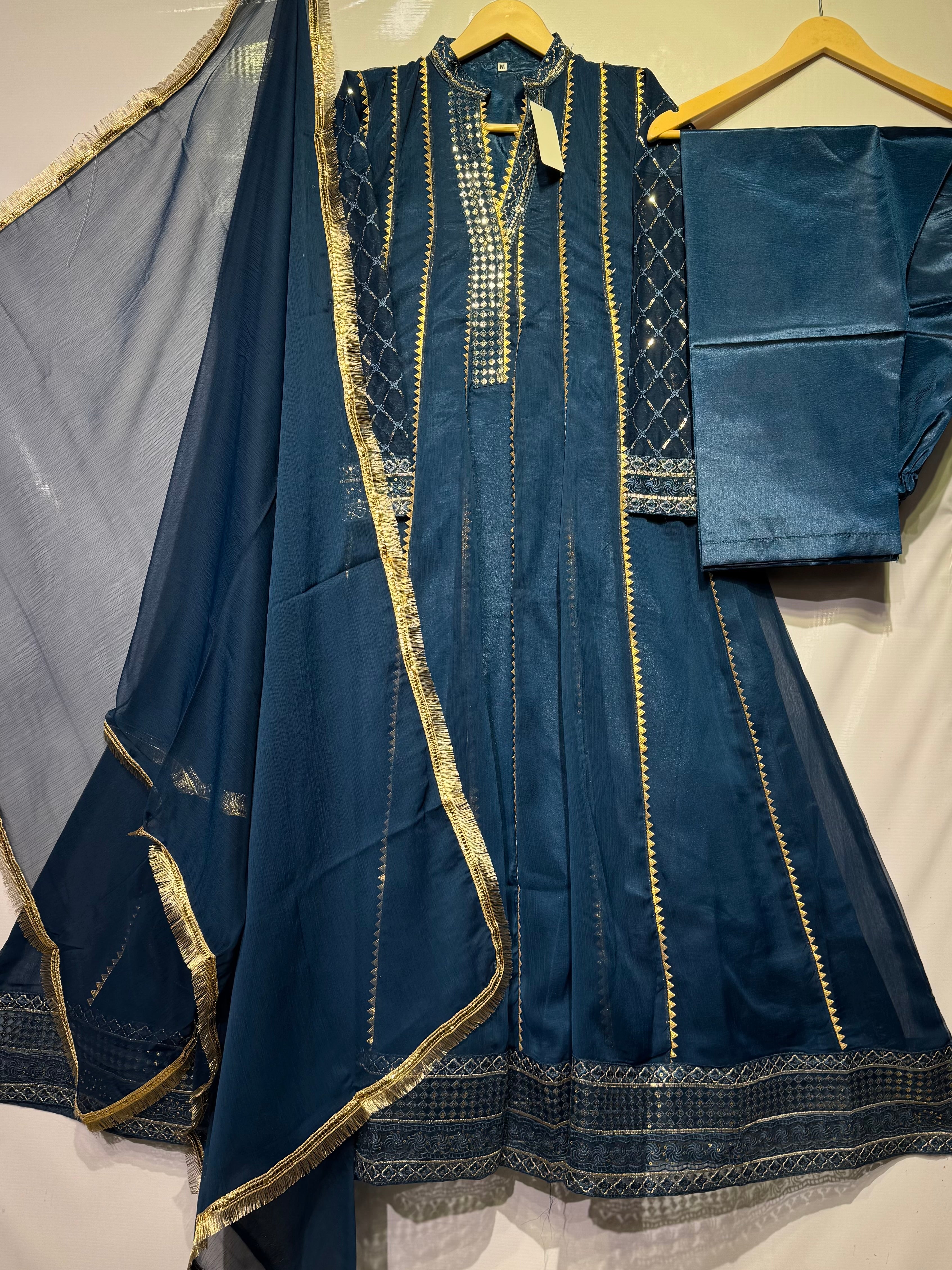 Crinkle chiffon lace patched frock with sequence embroidered🧵gala daman, Chiffon dupatta & Katan trouser 👗