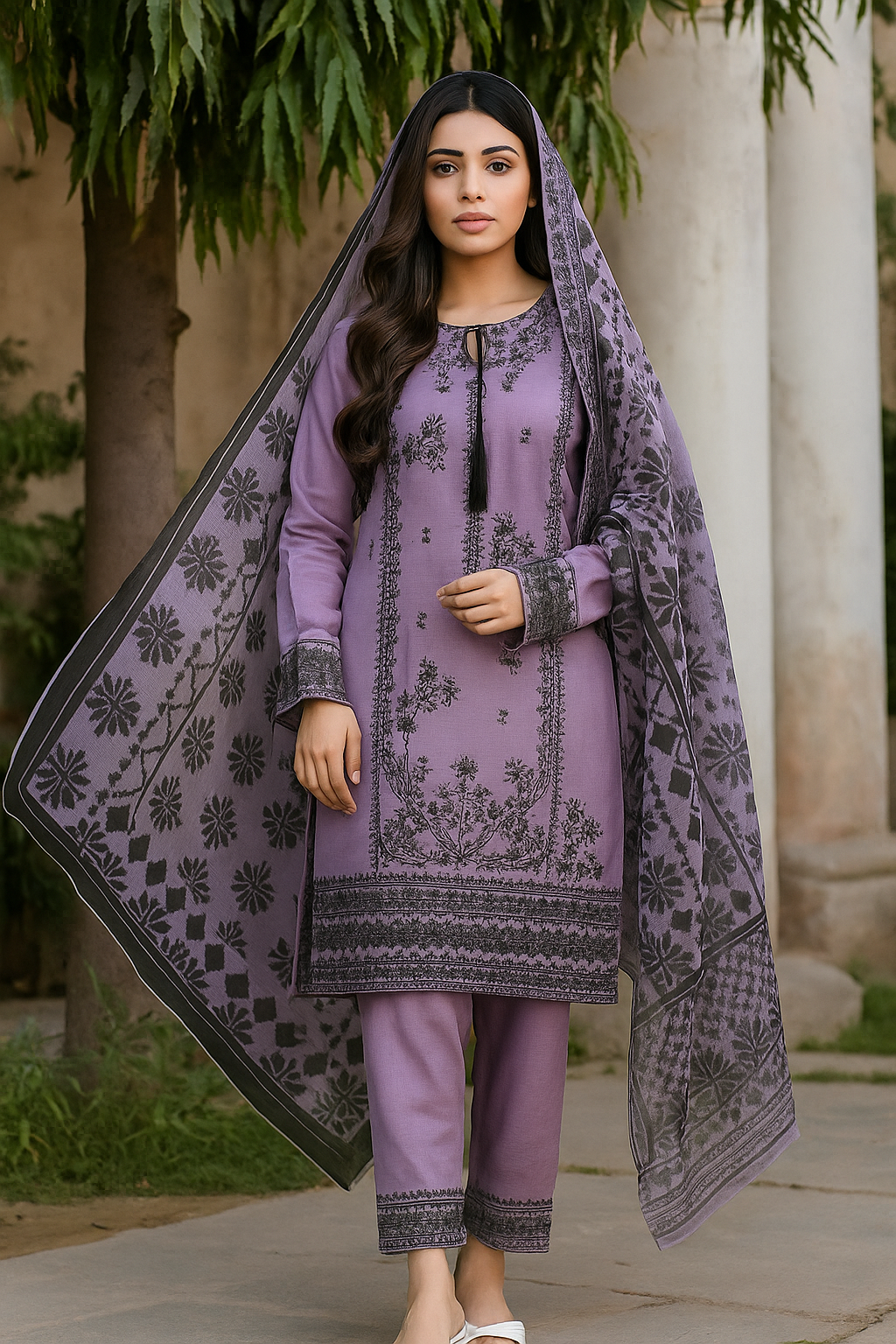 Soft khadi contrast thread embroidered🧵long shirt with monar printed dupatta & khadi trouser 👗