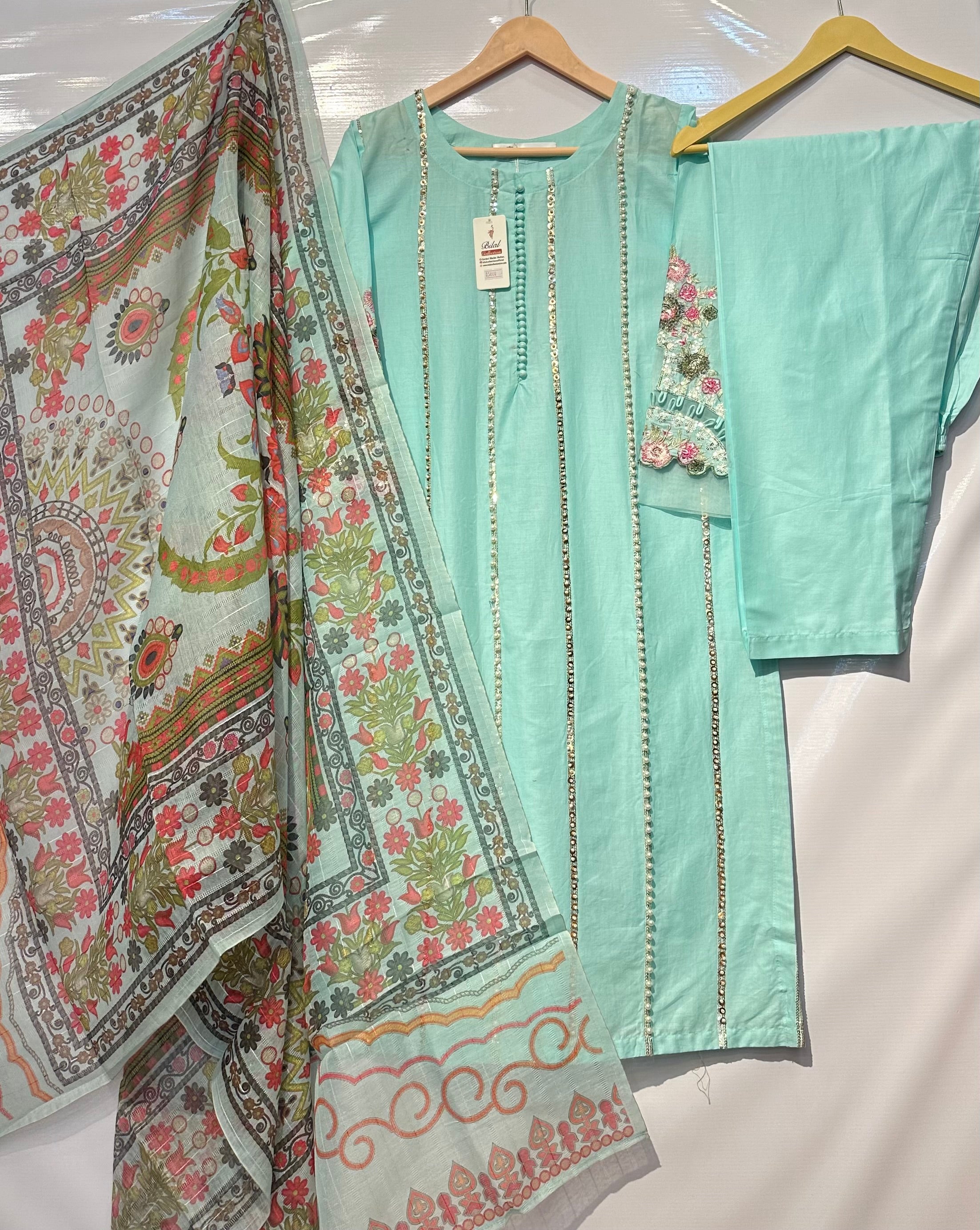Soft Lawn with pearl+sequential embellished long shirt with trouser & dupatta 👗