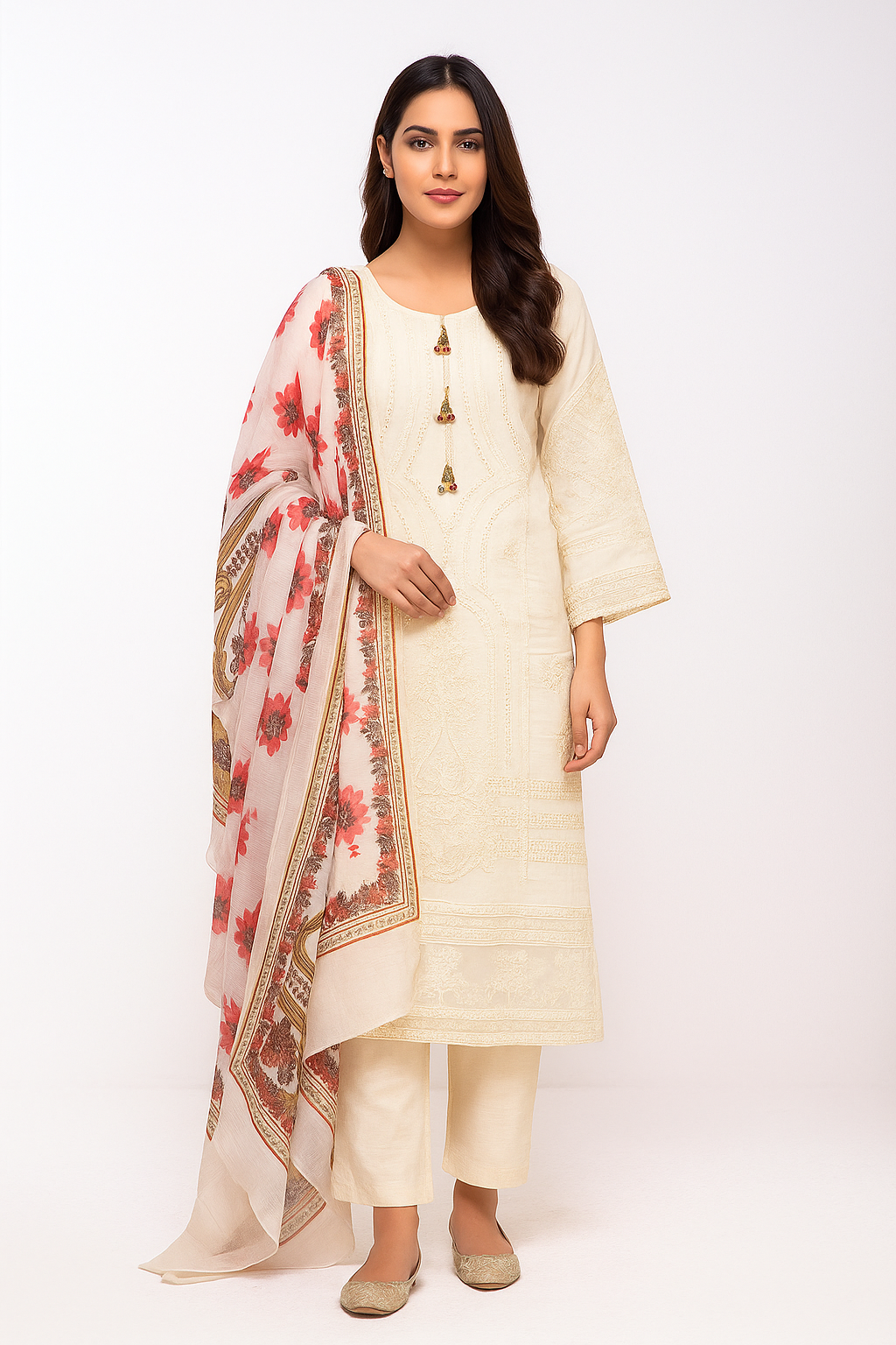 Schiffli chikankari embroidered🪡long shirt & trouser along with swiss monar printed dupatta 👗