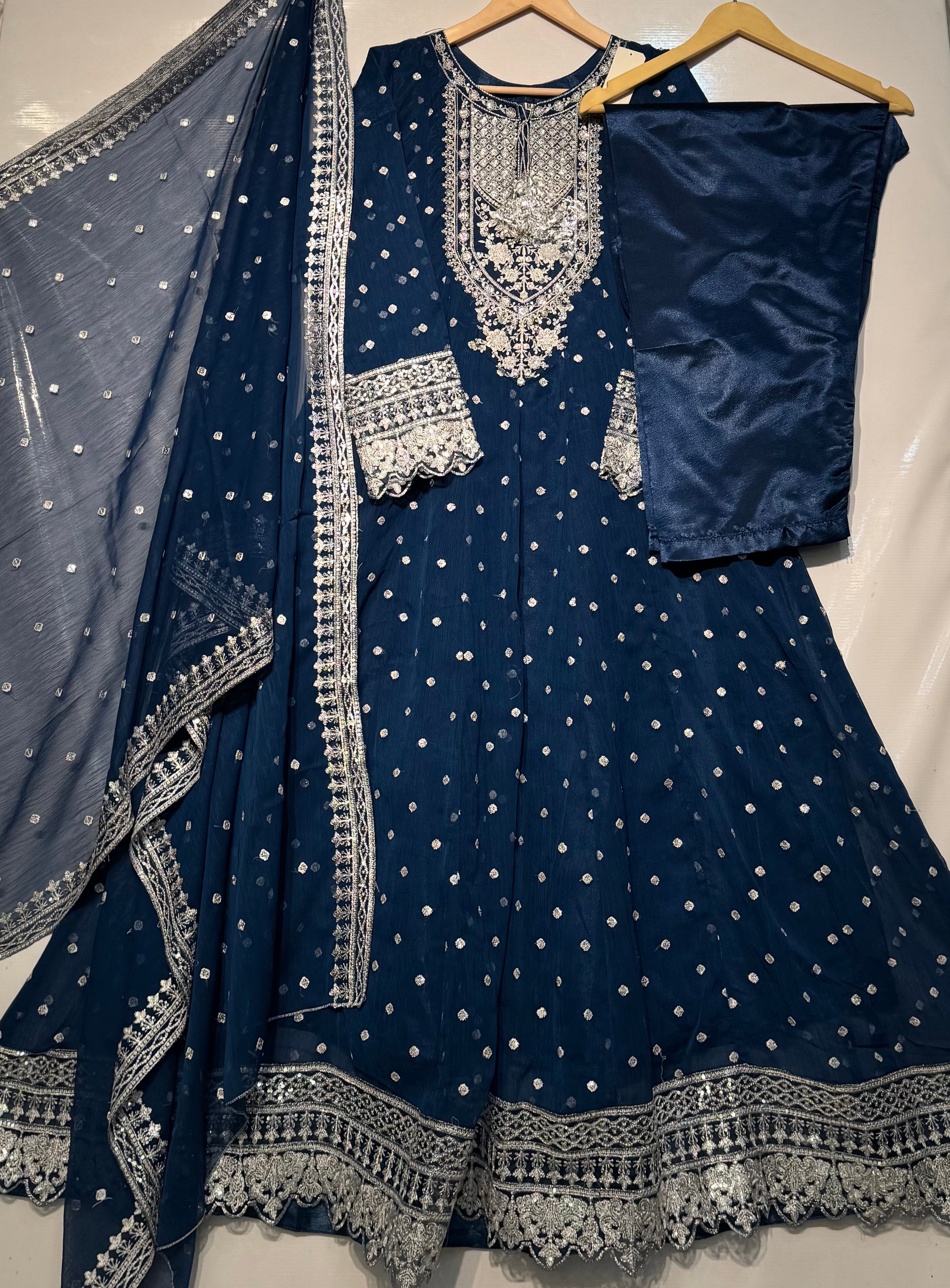 Silver sequence fully heavy embroidered🧵maxi along with heavy dupatta & trouser 👗