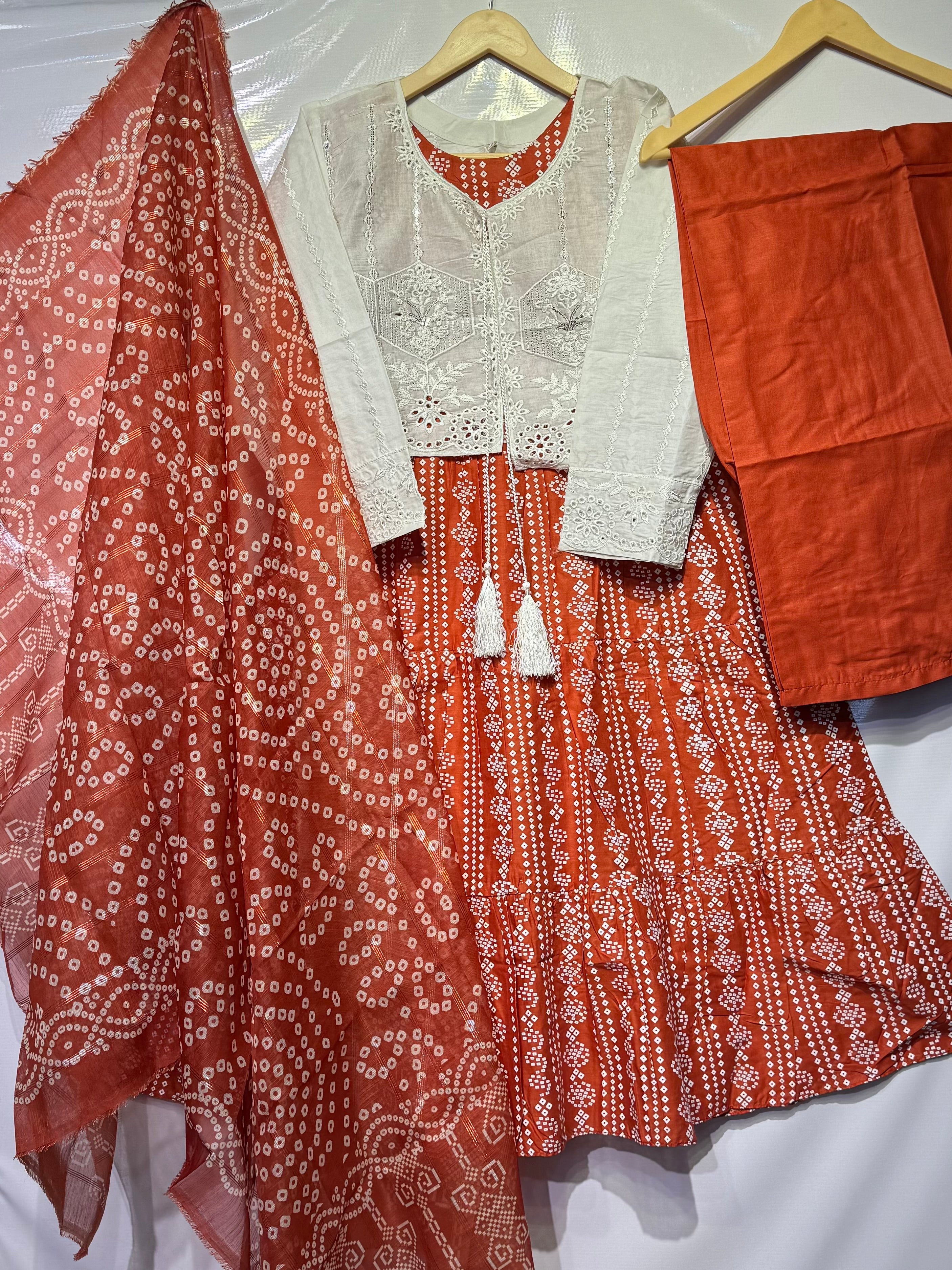 Chunri Printed Frock with thread+sequence+schiffli embroidered jacket 4 pcs 👗