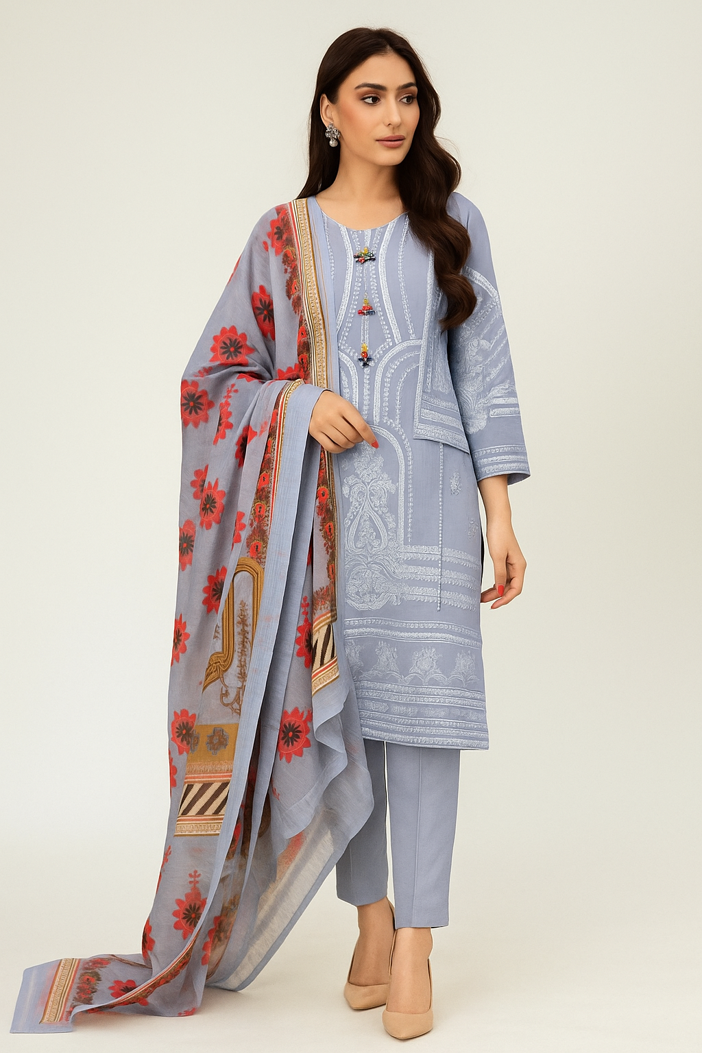 Schiffli chikankari embroidered🪡long shirt & trouser along with swiss monar printed dupatta 👗