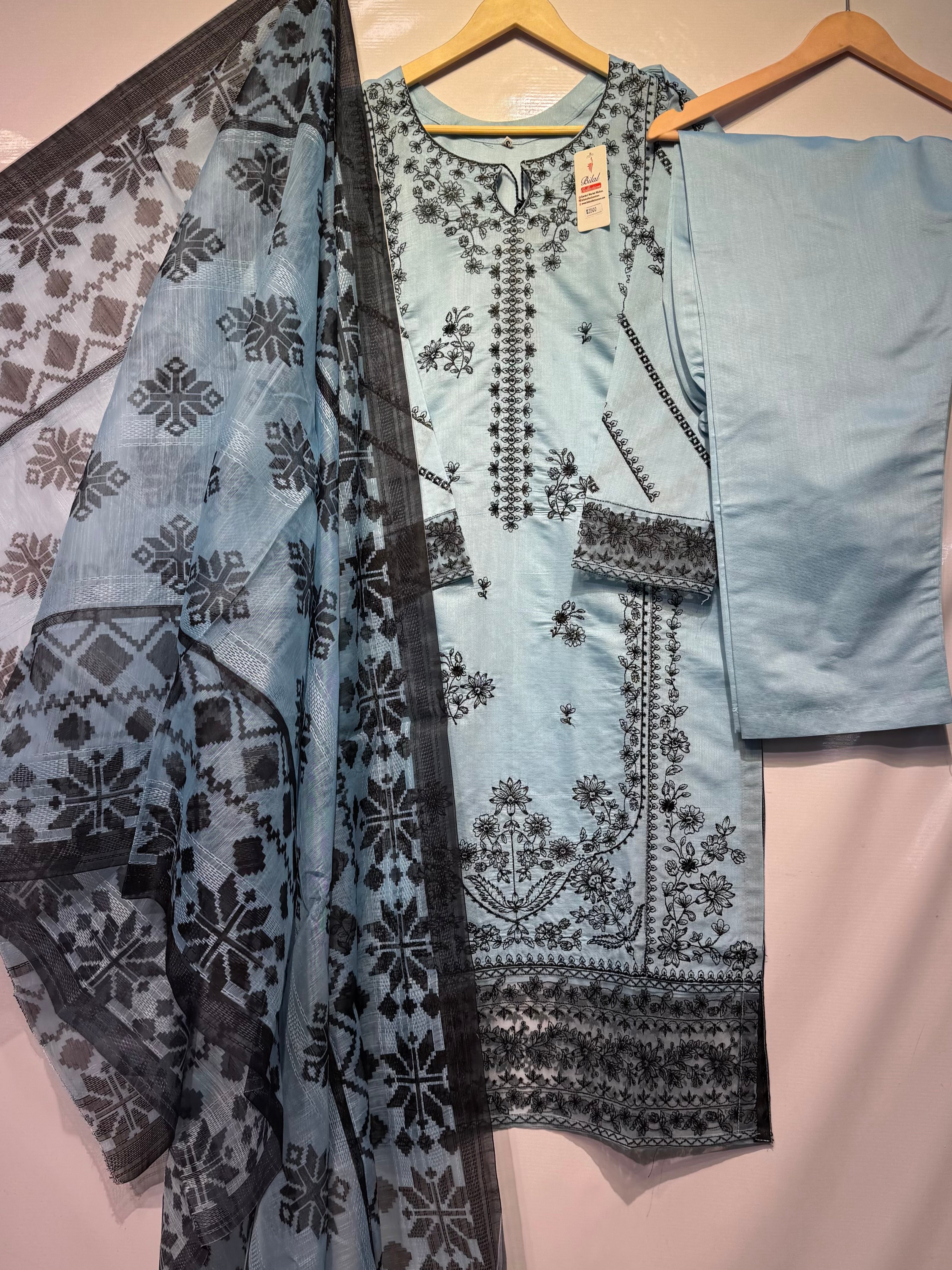 Soft khadi contrast thread embroidered🧵long shirt with monar printed dupatta & khadi trouser 👗