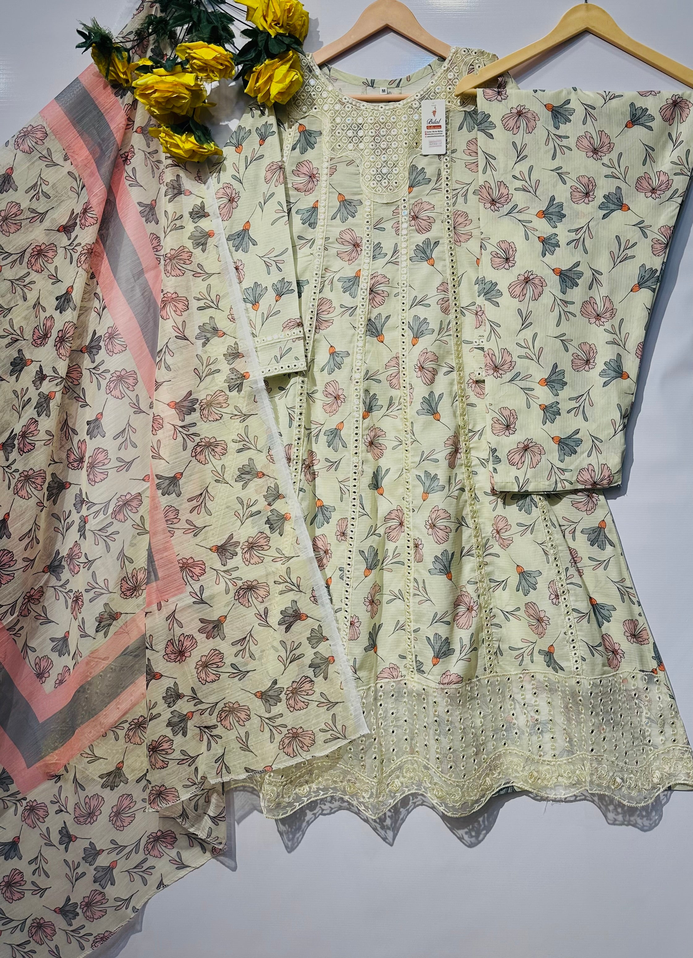 Pure bana dora lawn with resham dhaga plastic sheesha & boring chikankari embroidered🧵frock with printed dupatta & trouser 👗