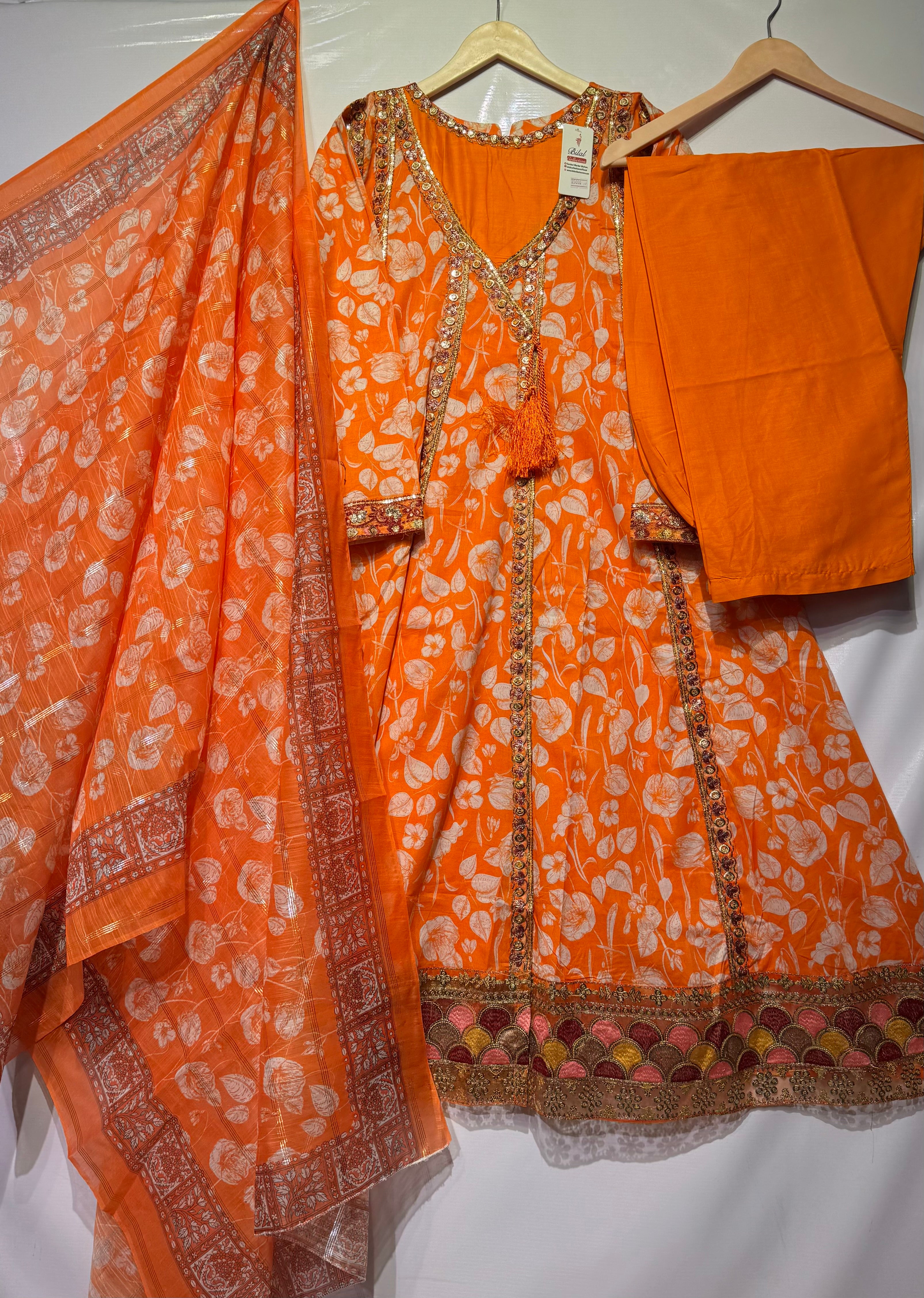 Pure Lawn floral printed angrakha style frock with sequential thread embroidery🧵all over, Soft printed khadi dupatta & lawn trouser 3 pcs 👗