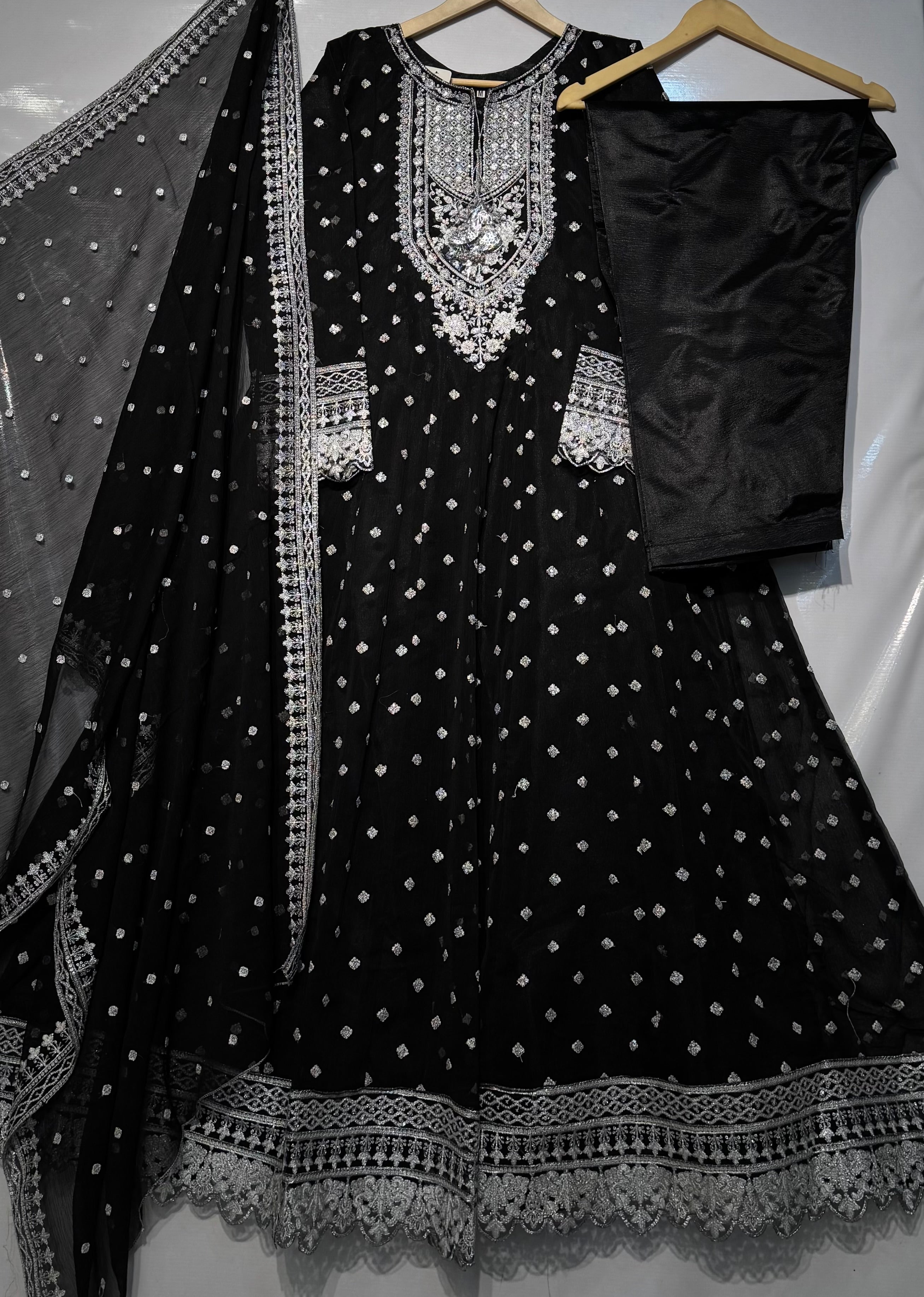 Silver sequence fully heavy embroidered🧵maxi along with heavy dupatta & trouser 👗