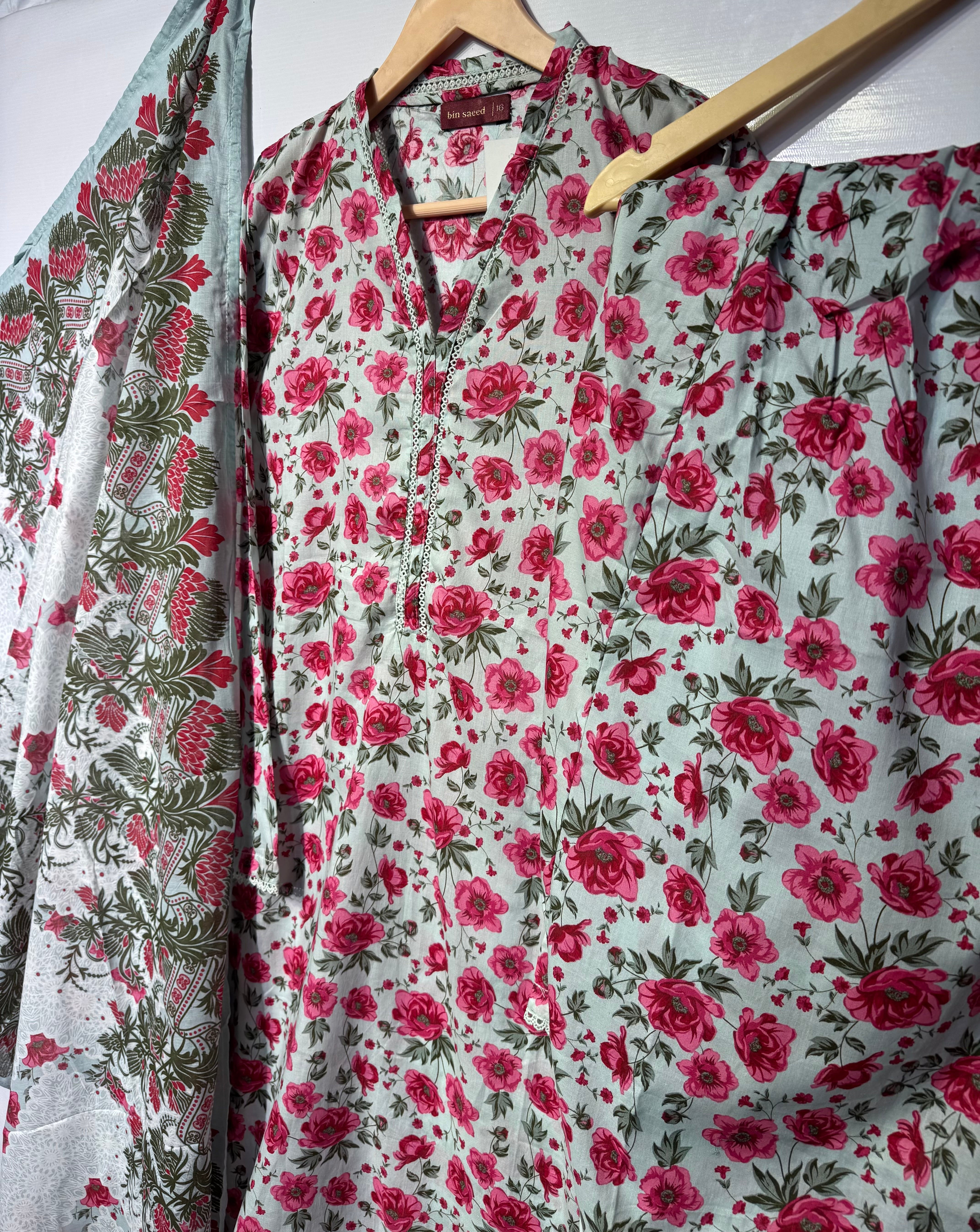 Bin Saeed Pure Lawn soft digital printed shirt, pure Lawn farshi shalwar & printed Lawn dupatta 👗