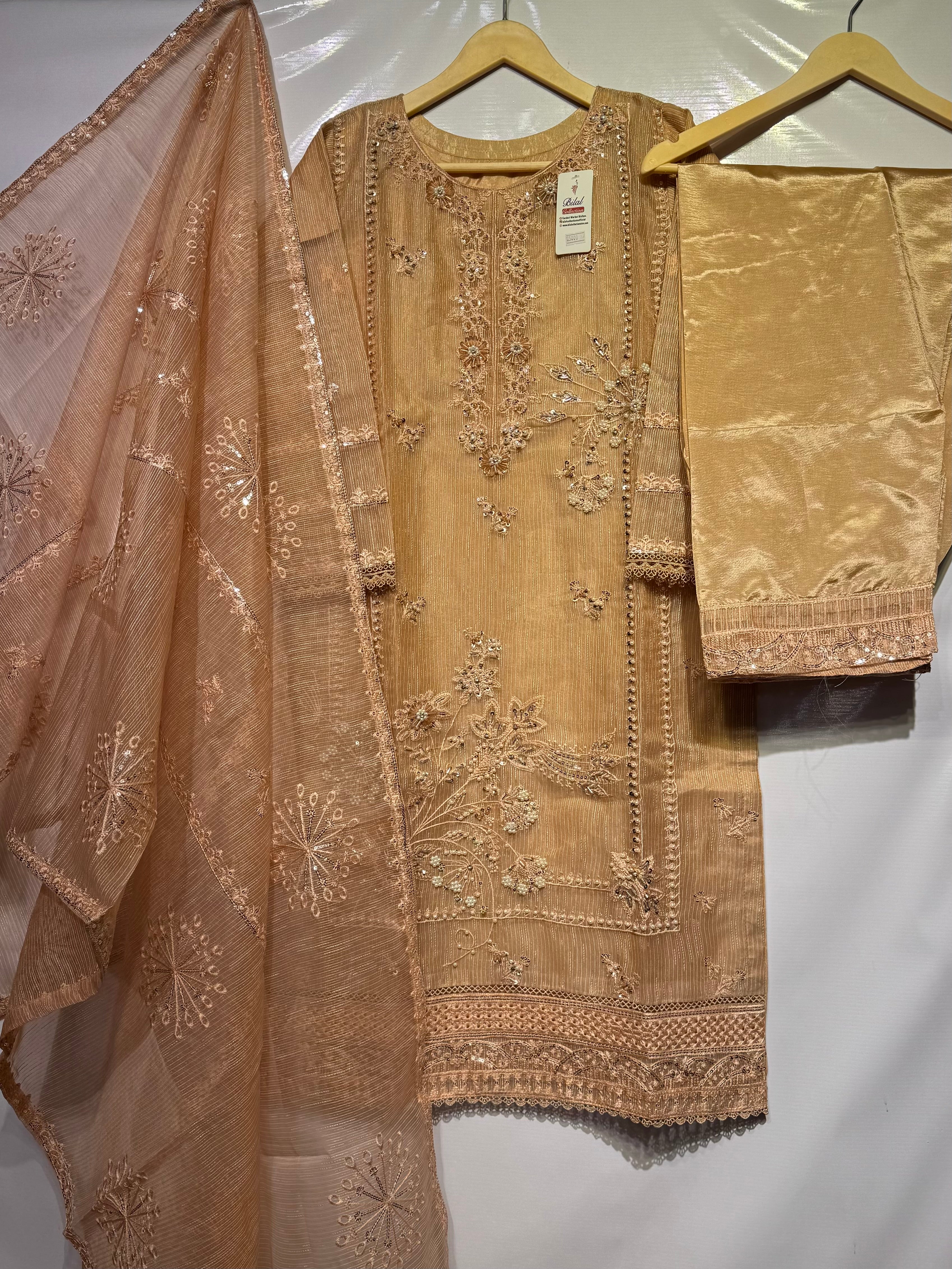 Handmade with pulse+sequence+thread embroidered🧵khadi net 3 pcs dress 👗