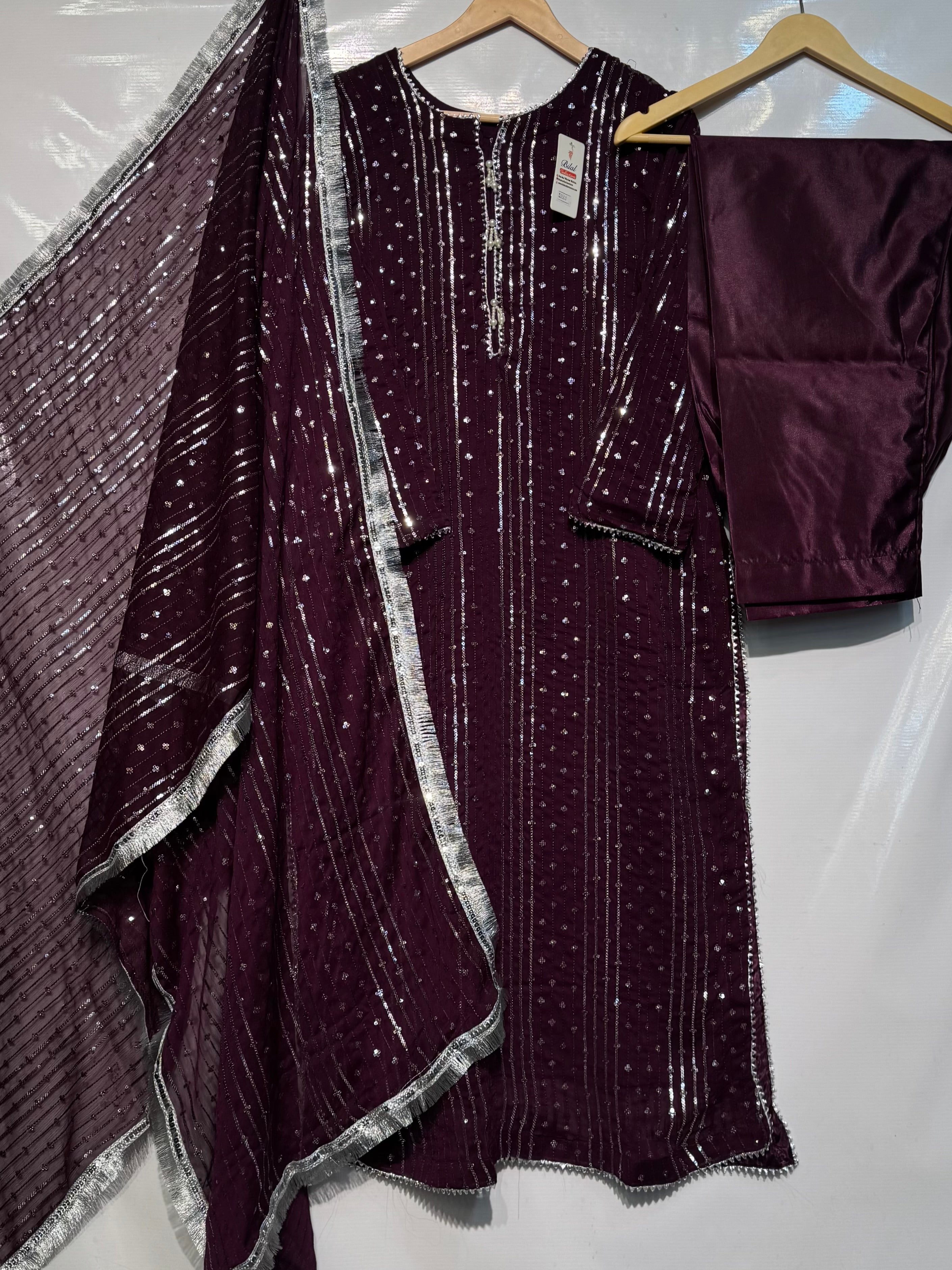 Pure Chiffon beautiful & Elegant sequence with thread embroidered🪡3 pcs dress 👗