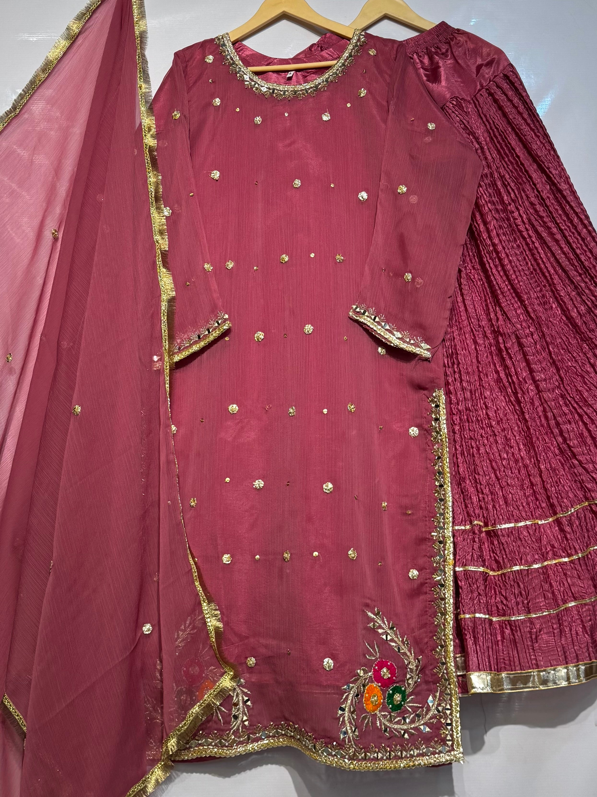 Handmade gotta with sheesha work fully handmade embroidered🧵crush sharara 3 pcs dress ✨