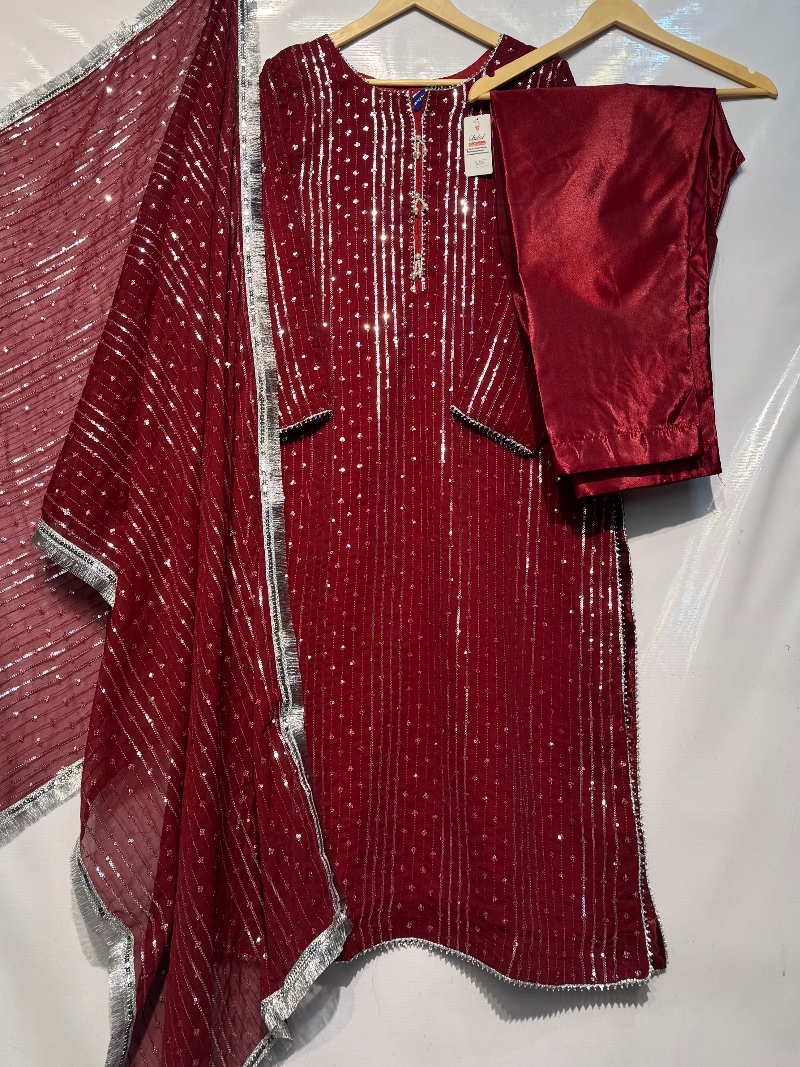 Pure Chiffon beautiful & Elegant sequence with thread embroidered🪡3 pcs dress 👗