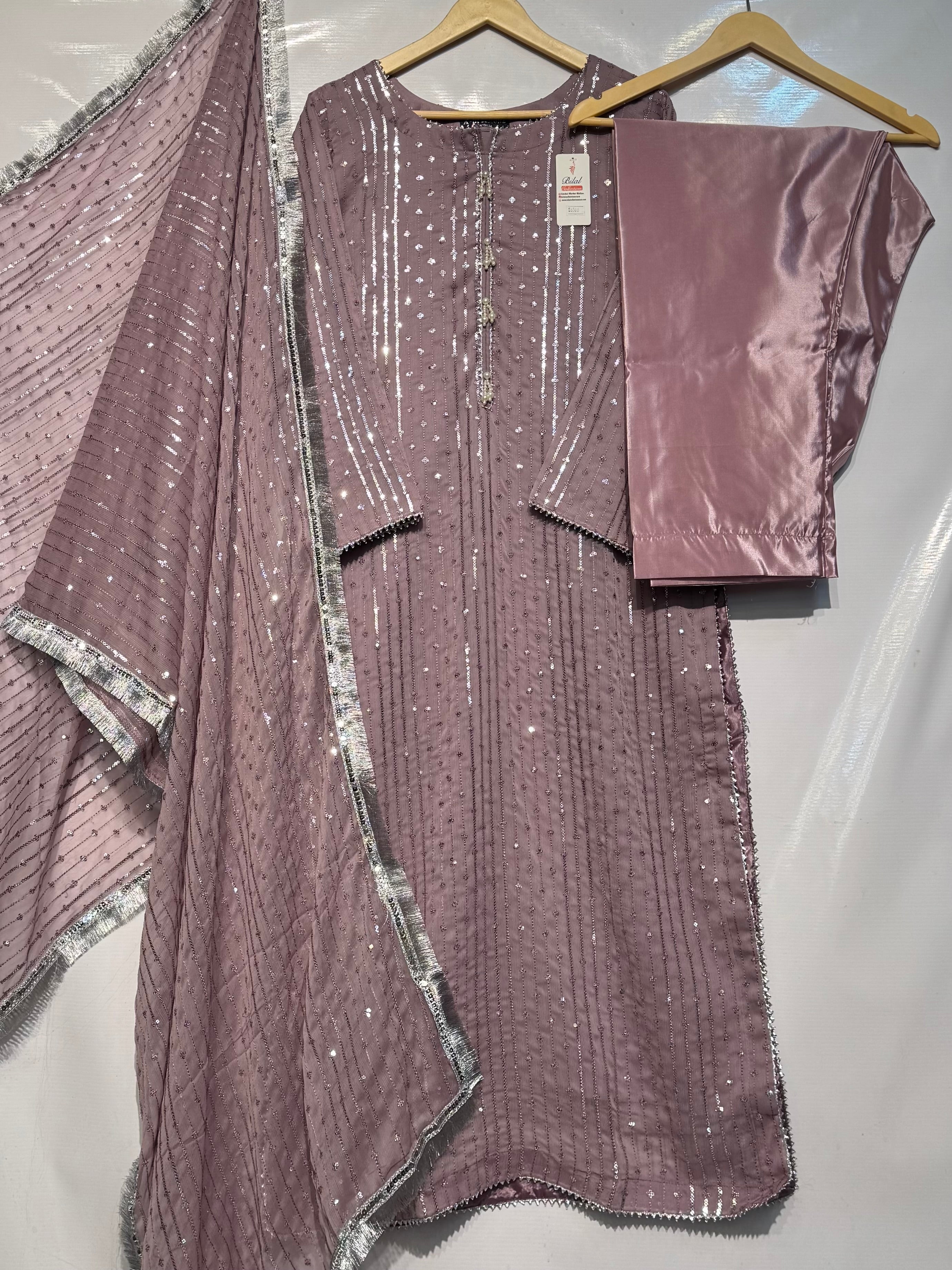 Pure Chiffon beautiful & Elegant sequence with thread embroidered🪡3 pcs dress 👗