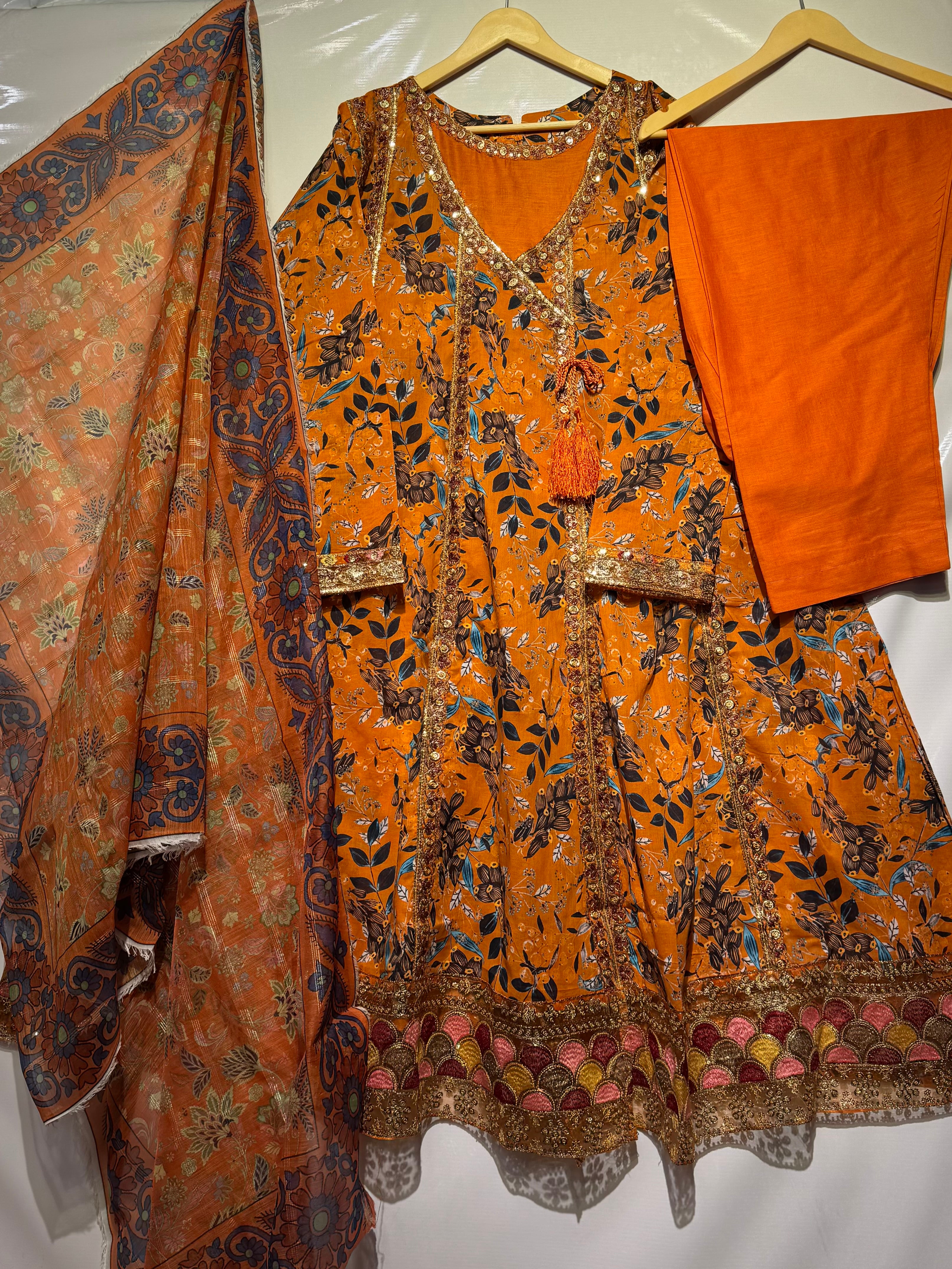 Pure Lawn floral printed angrakha style frock with sequential thread embroidery🧵all over, Soft printed khadi dupatta & lawn trouser 3 pcs 👗