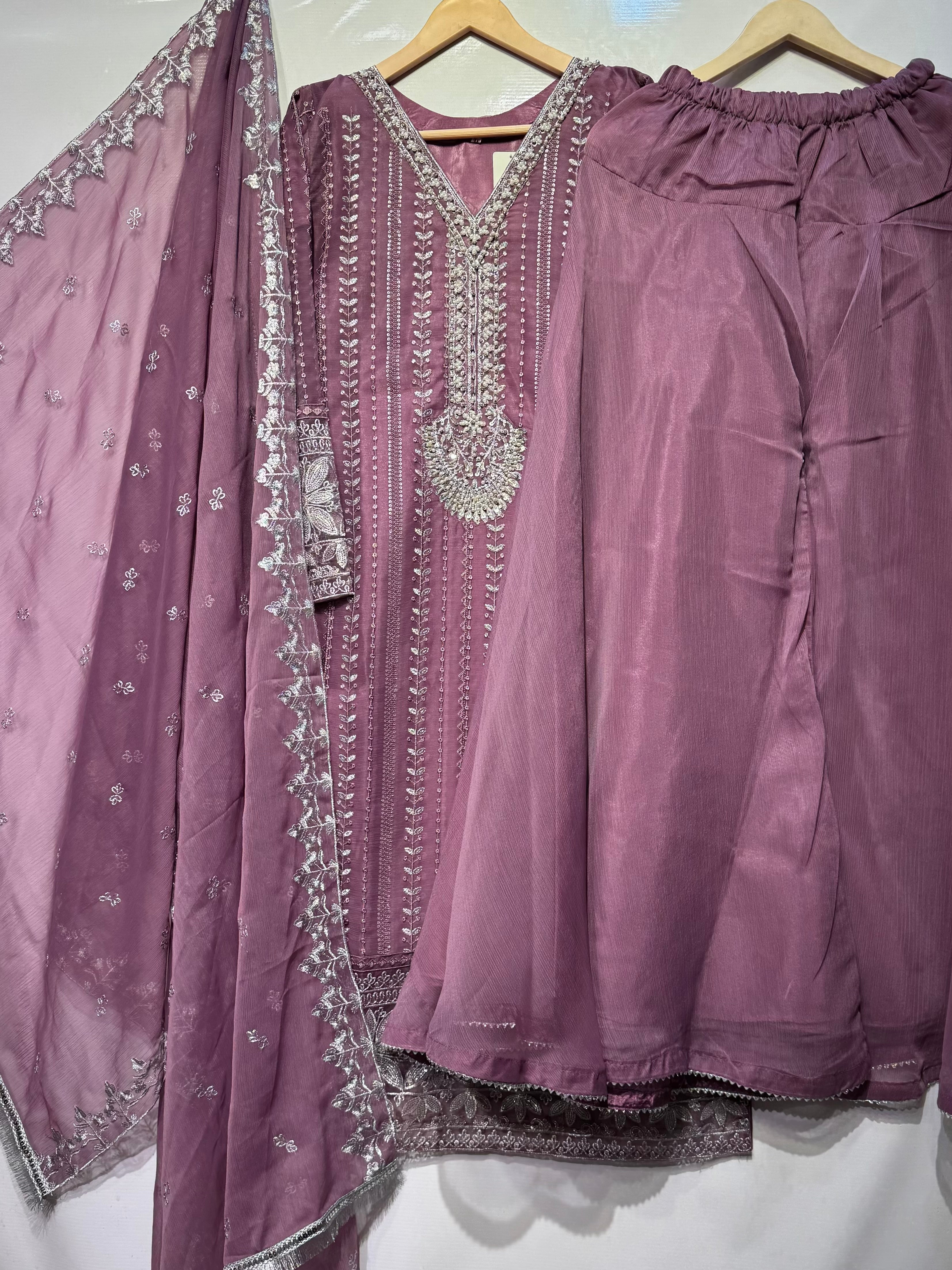 Heavy embroidered🧵chiffon long shirt with heavy flaired bell bottom plaso & dupatta 👗