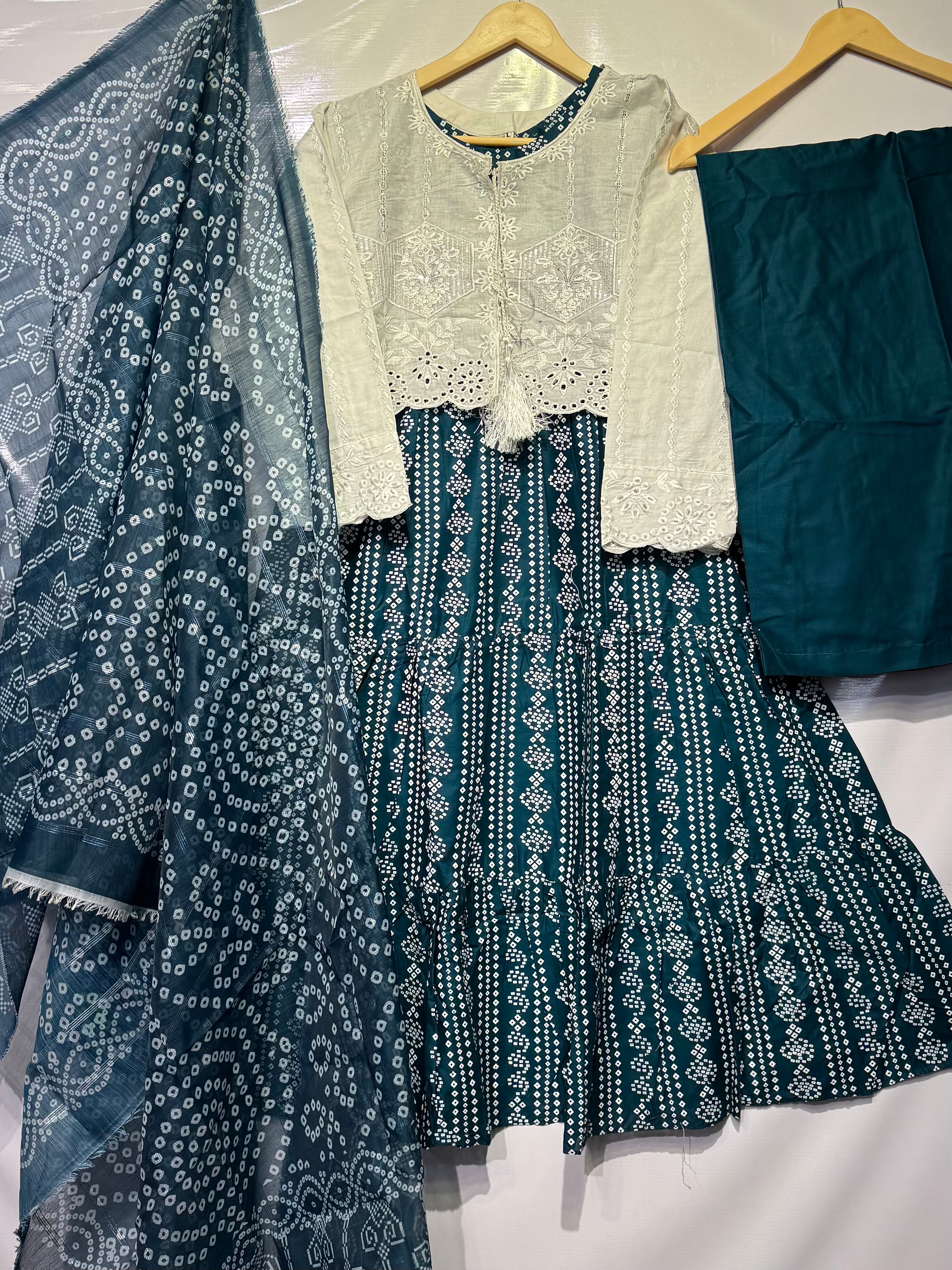 Chunri Printed Frock with thread+sequence+schiffli embroidered jacket 4 pcs 👗