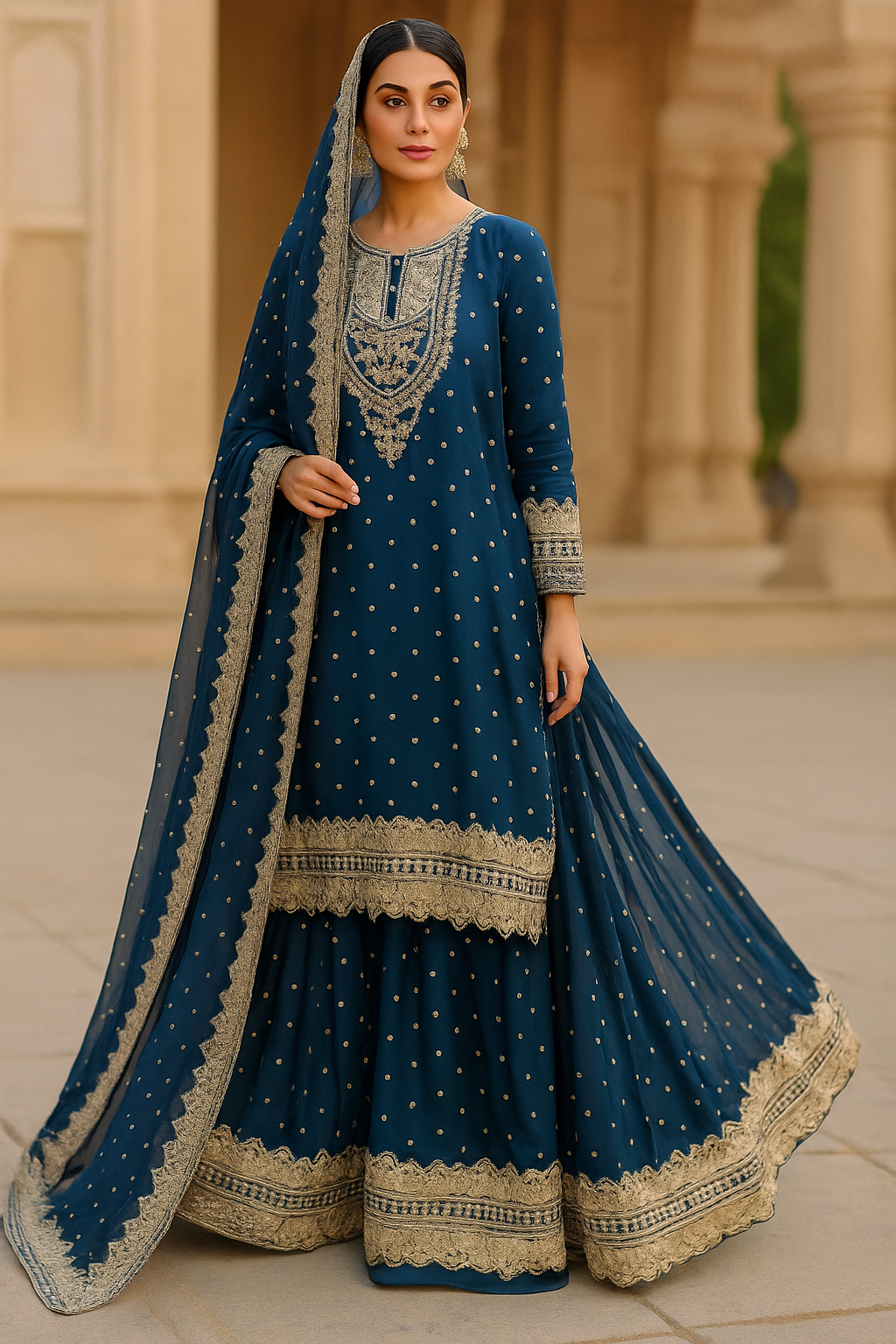 Fully heavy front back bareeze sequence tilla embroidered🧵3 pcs dress Along with 4 side bordered heavy dupatta & massive flapper gharara 🔥