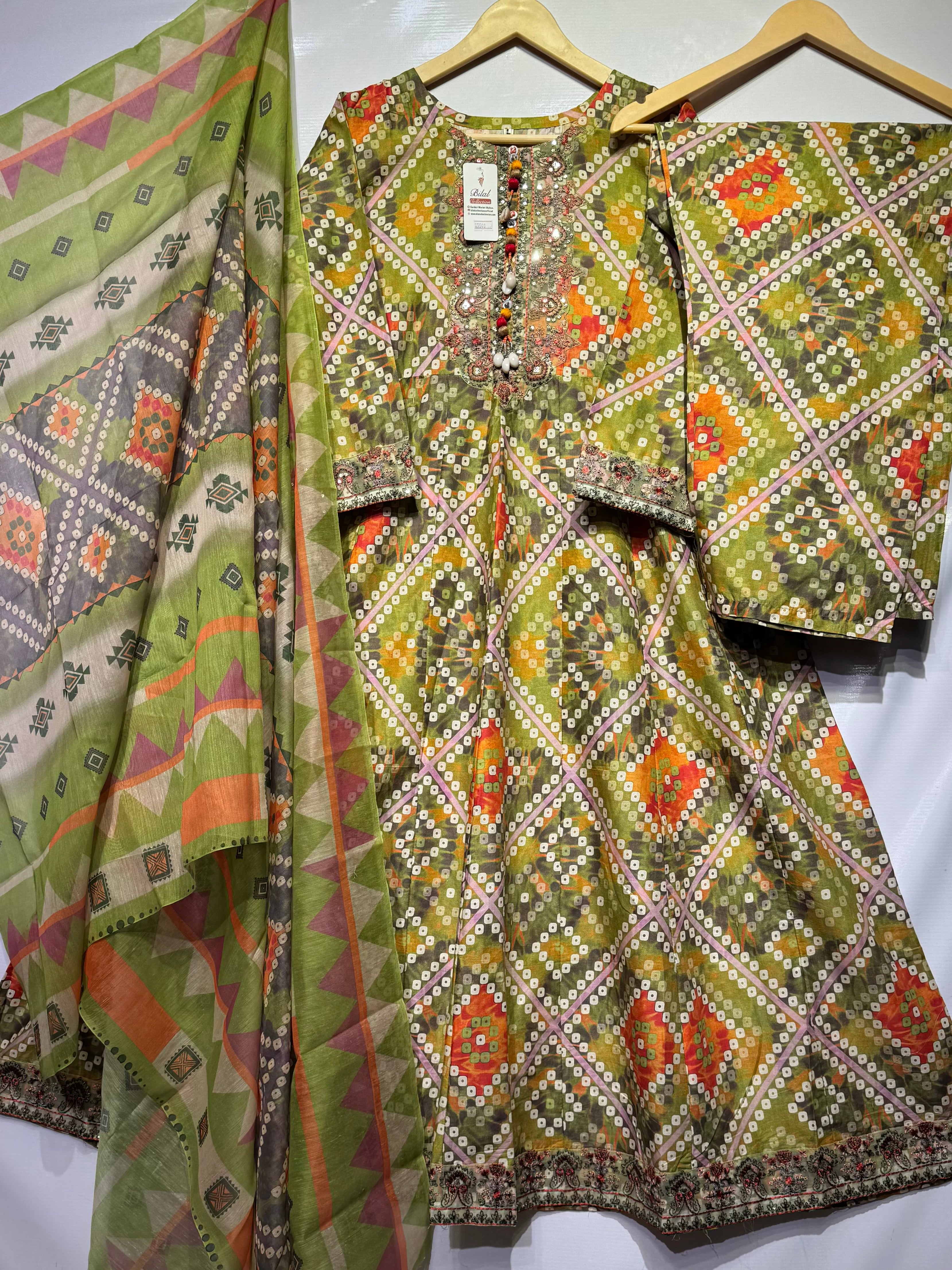 Pure Lawn chunri printed long frocks with elegant Bareeze embroidered🧵neckline & daman along with digital print dupatta & trouser 👗