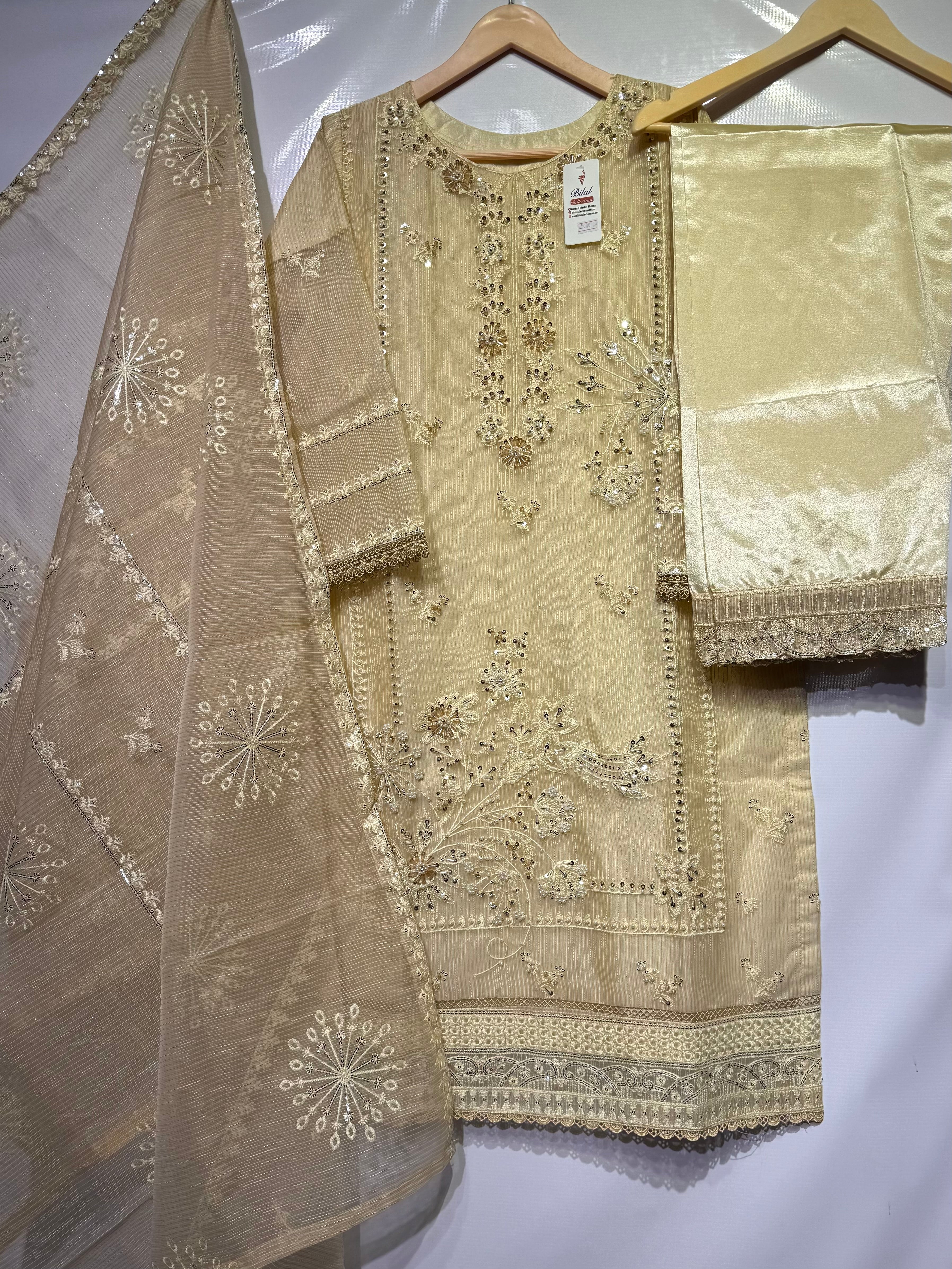 Handmade with pulse+sequence+thread embroidered🧵khadi net 3 pcs dress 👗