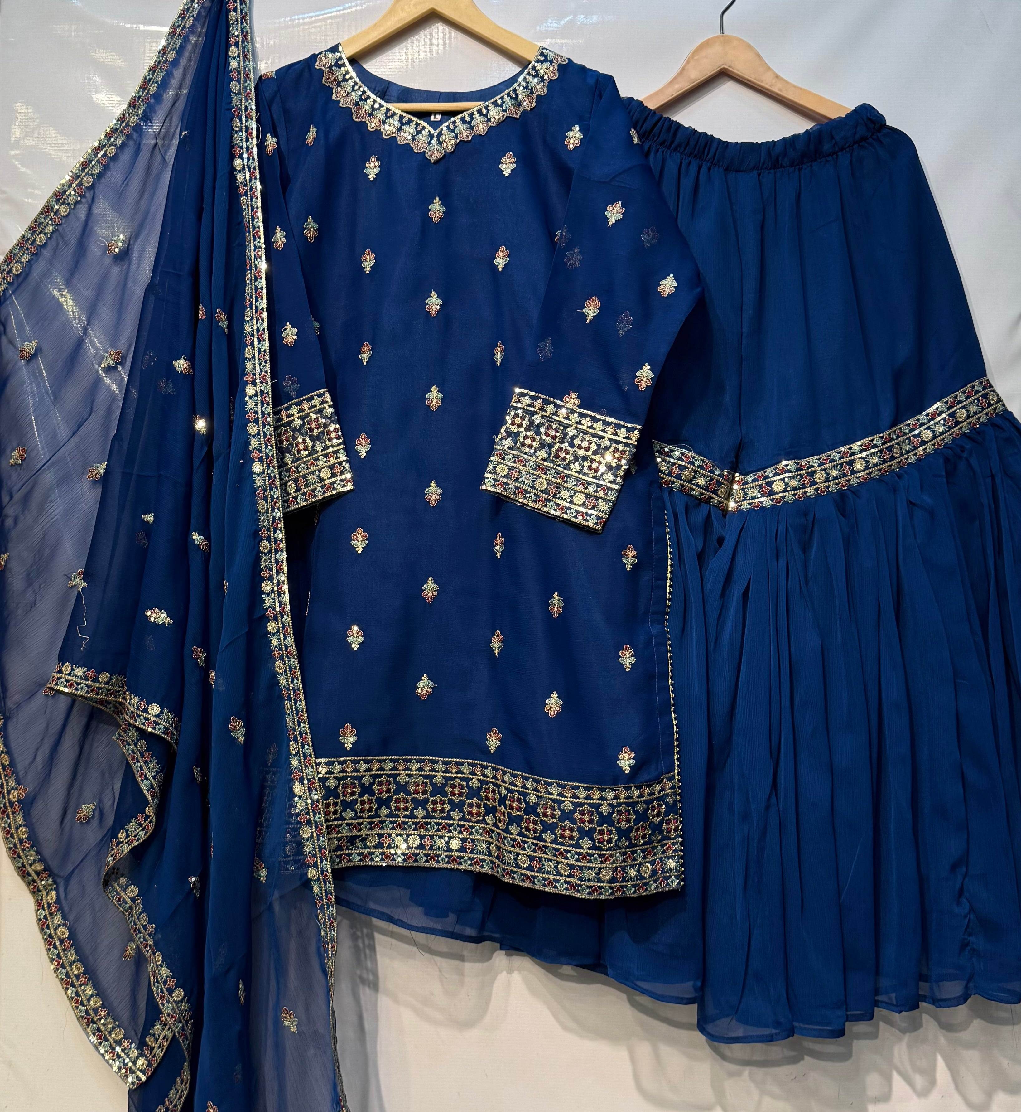 Sequence thread embroidered🧵with heavy flaired sharara pret👗 ...