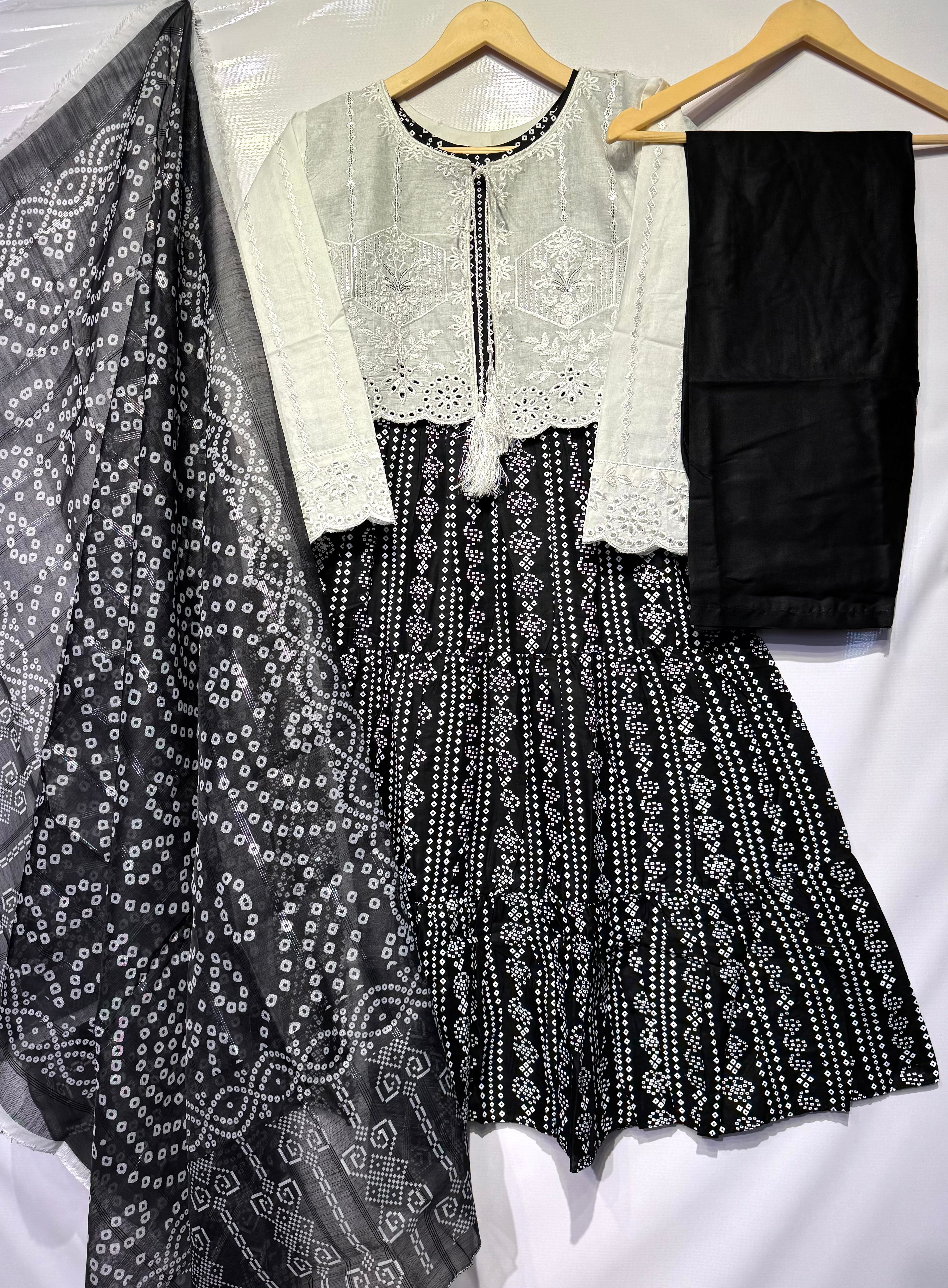 Chunri Printed Frock with thread+sequence+schiffli embroidered jacket 4 pcs 👗