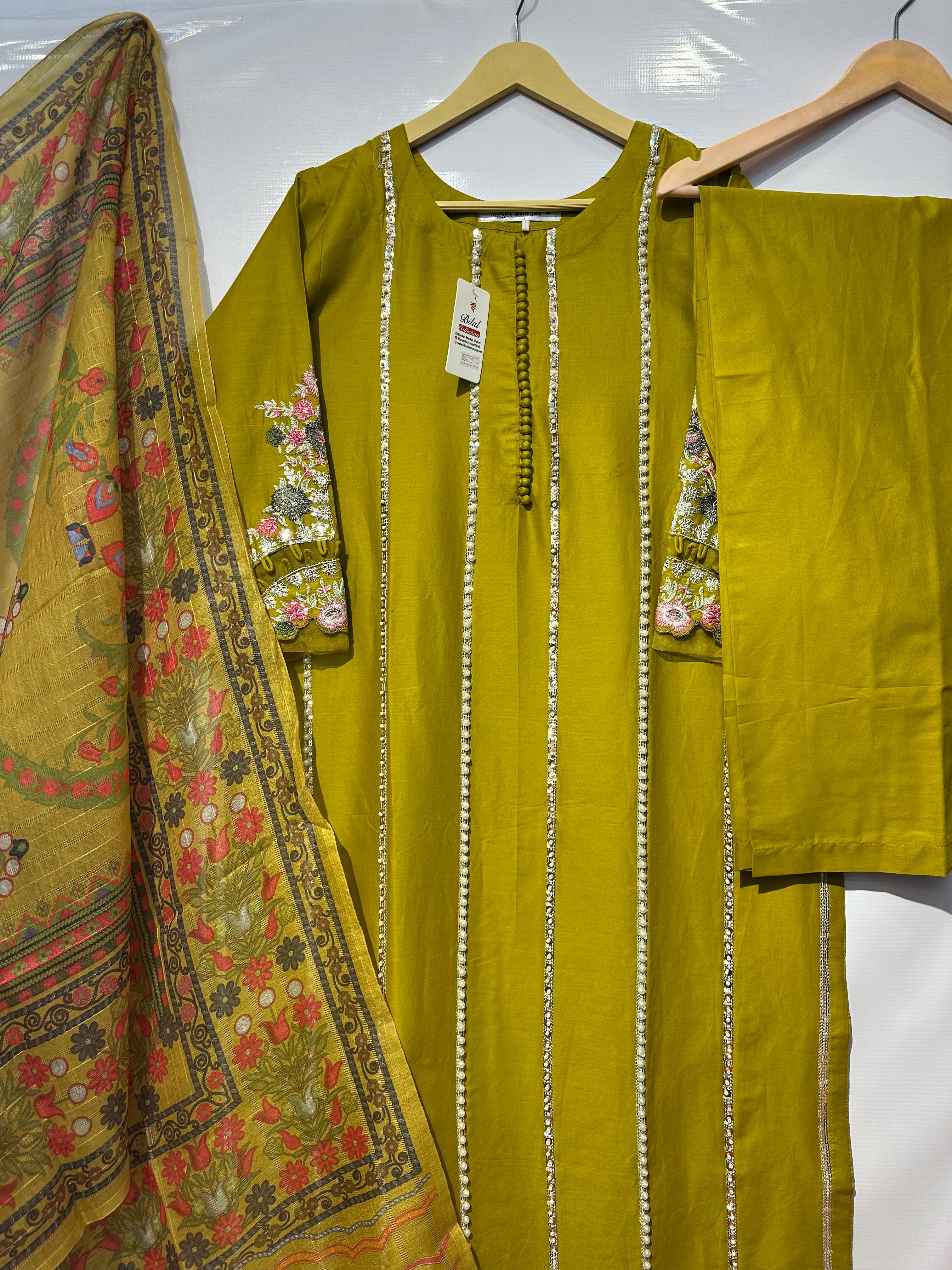 Soft Lawn with pearl+sequential embellished long shirt with trouser & dupatta 👗