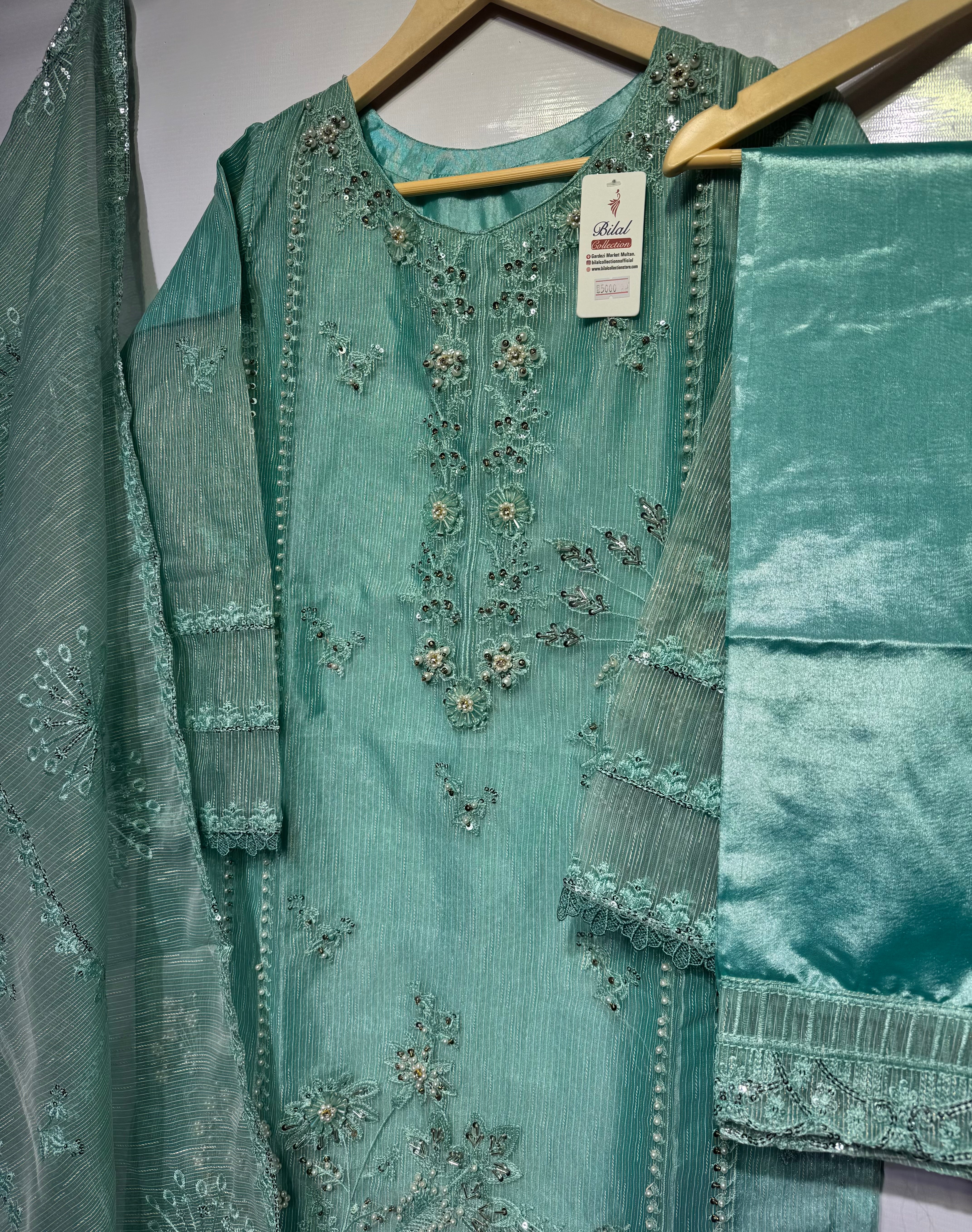 Handmade with pulse+sequence+thread embroidered🧵khadi net 3 pcs dress 👗