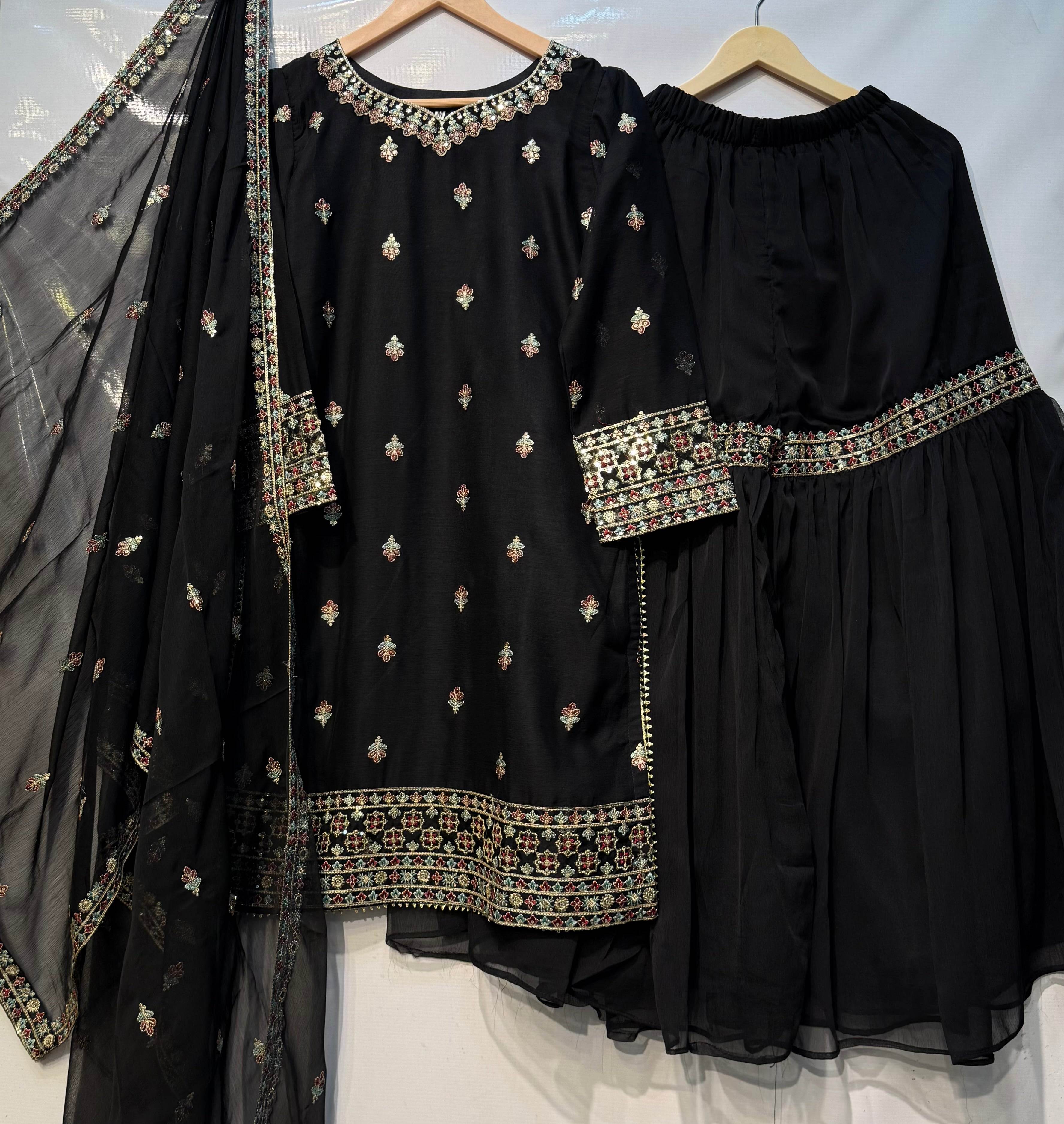 Sequence thread embroidered🧵with heavy flaired sharara pret👗 ...