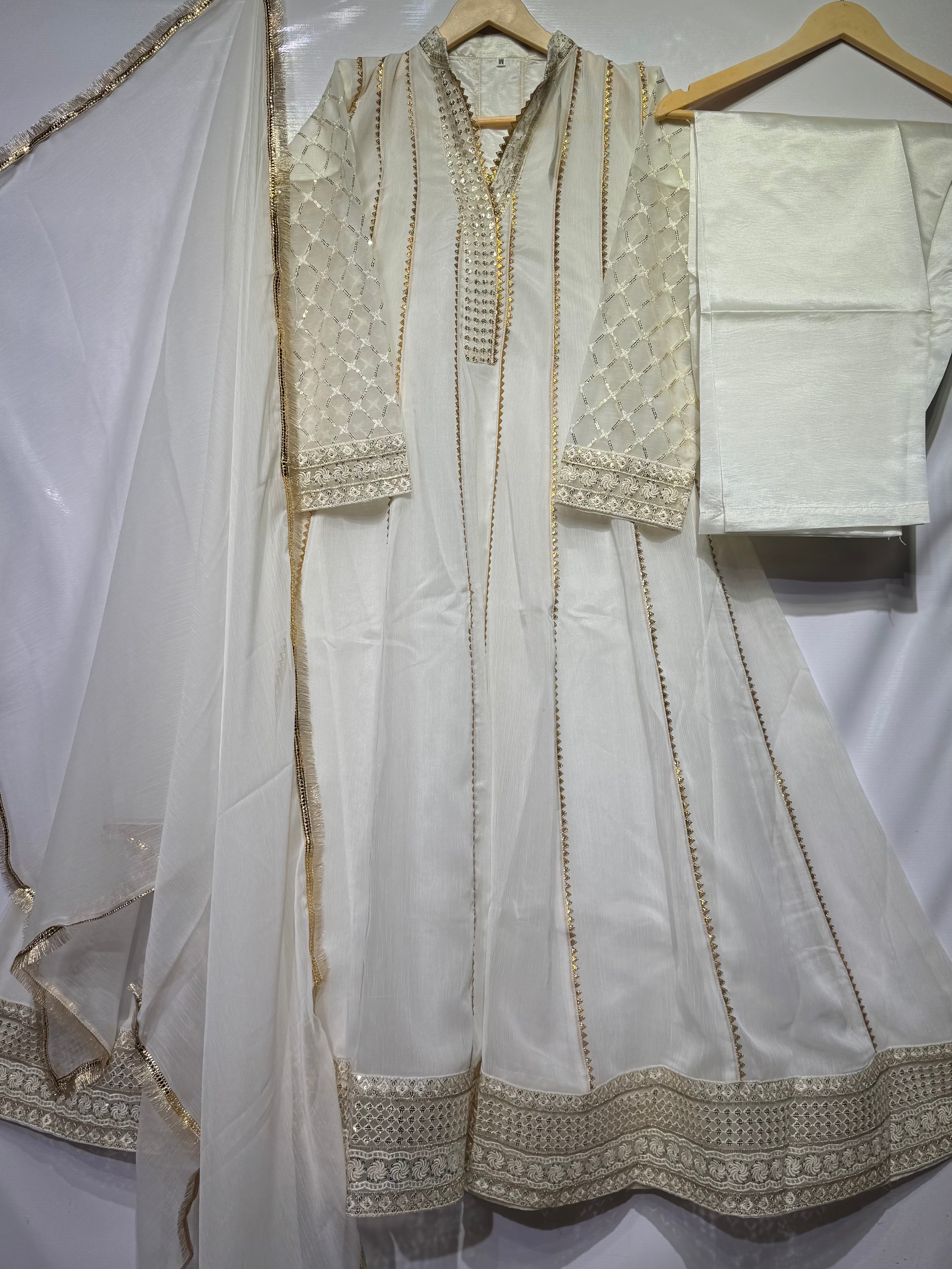 Crinkle chiffon lace patched frock with sequence embroidered🧵gala daman, Chiffon dupatta & Katan trouser 👗