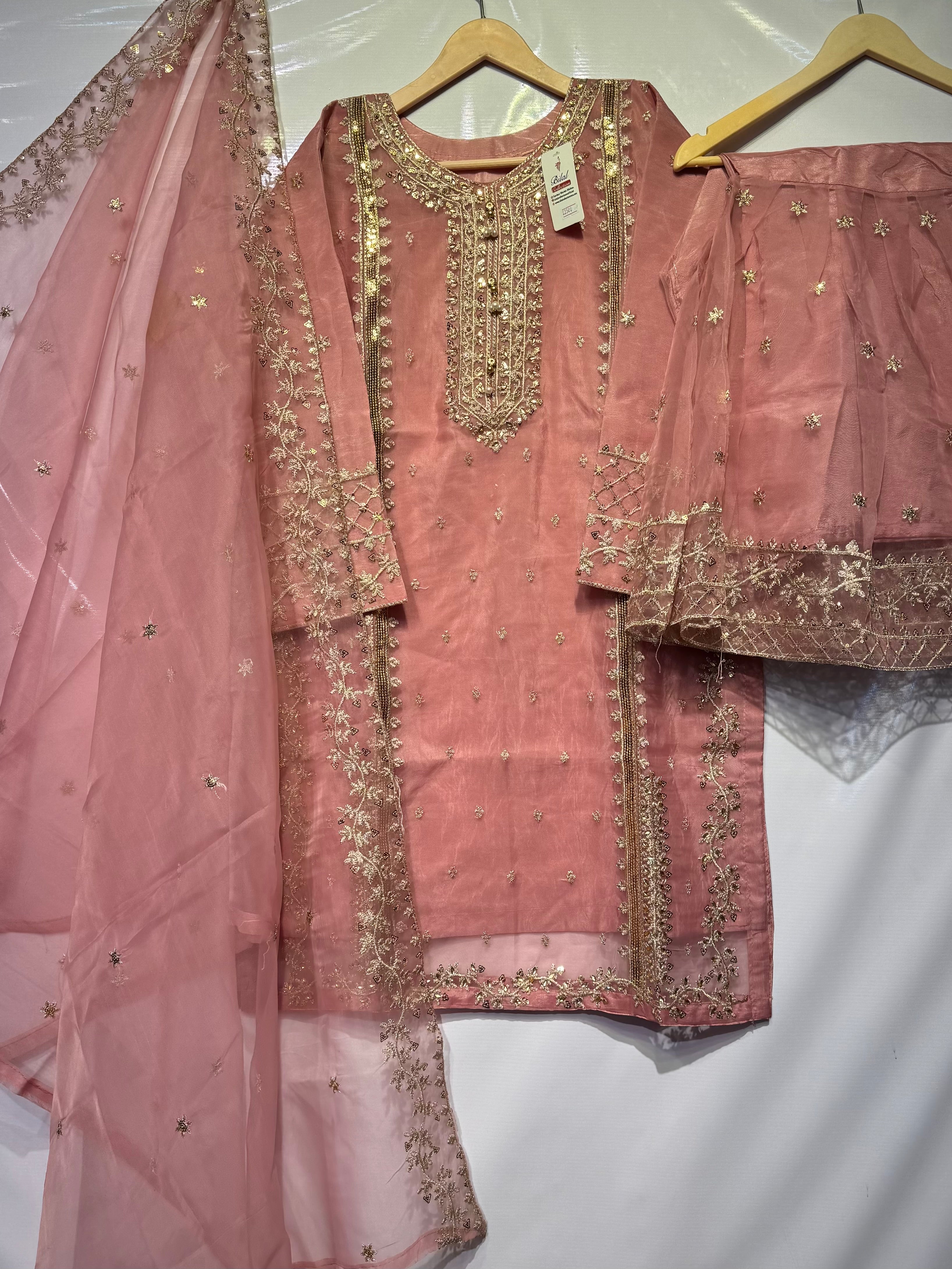 Most demanded golden sitara with beats and tilla embroidered🧵3 pcs dress with embroidered sharara 👗