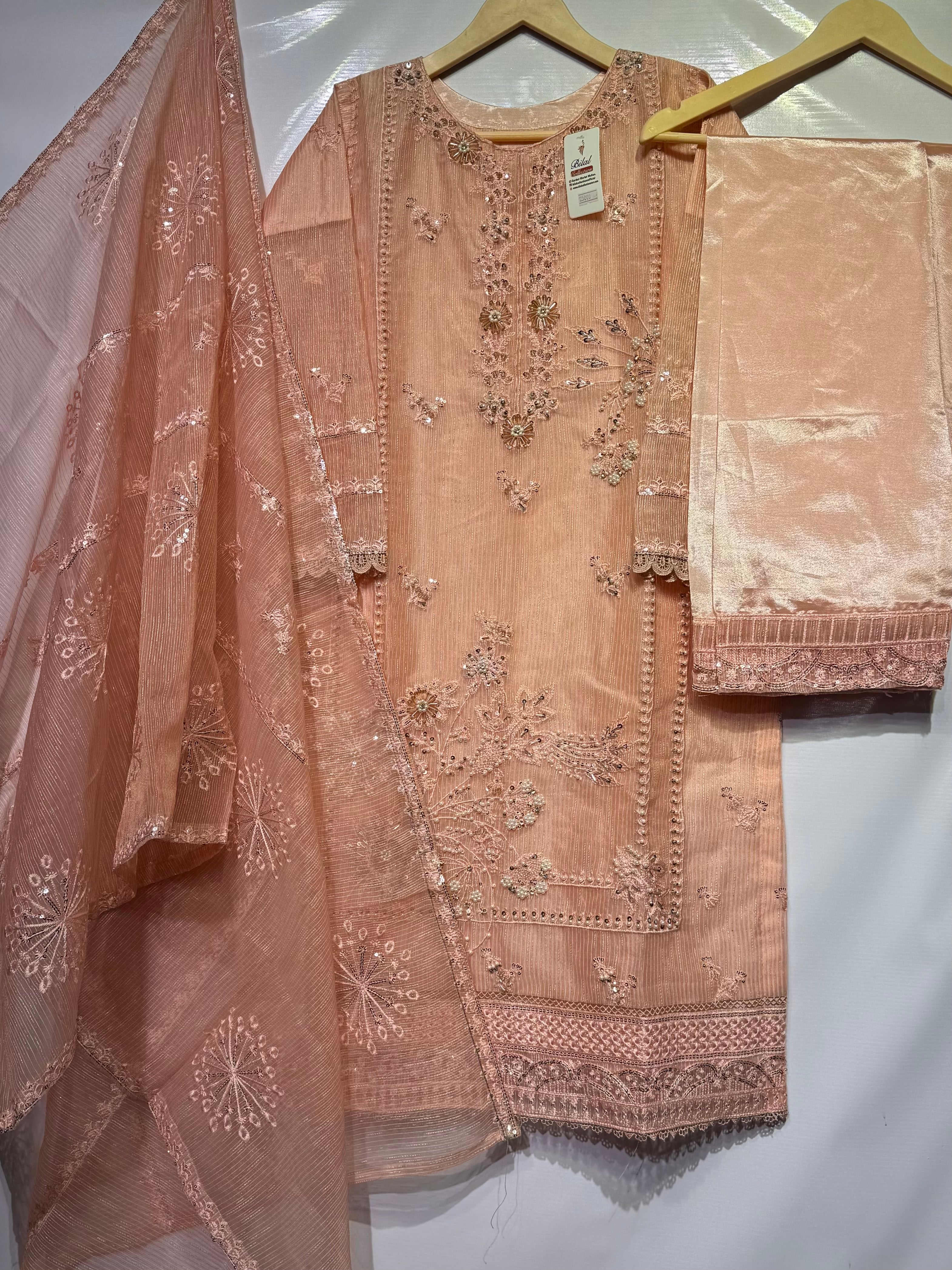 Handmade with pulse+sequence+thread embroidered🧵khadi net 3 pcs dress 👗